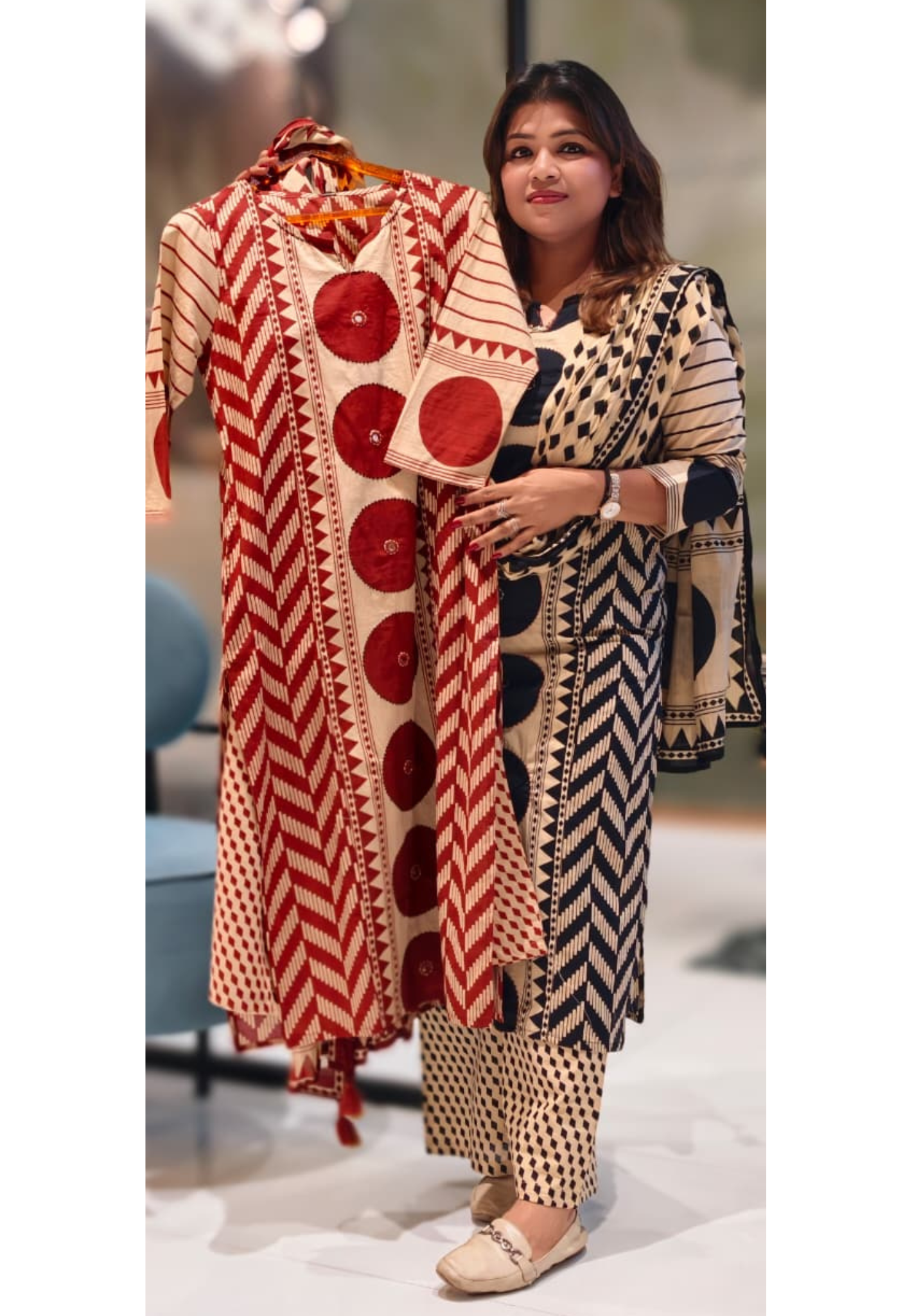 Asymmetric Print Dual Color Cotton Full Suit Set With Dupatta-13042