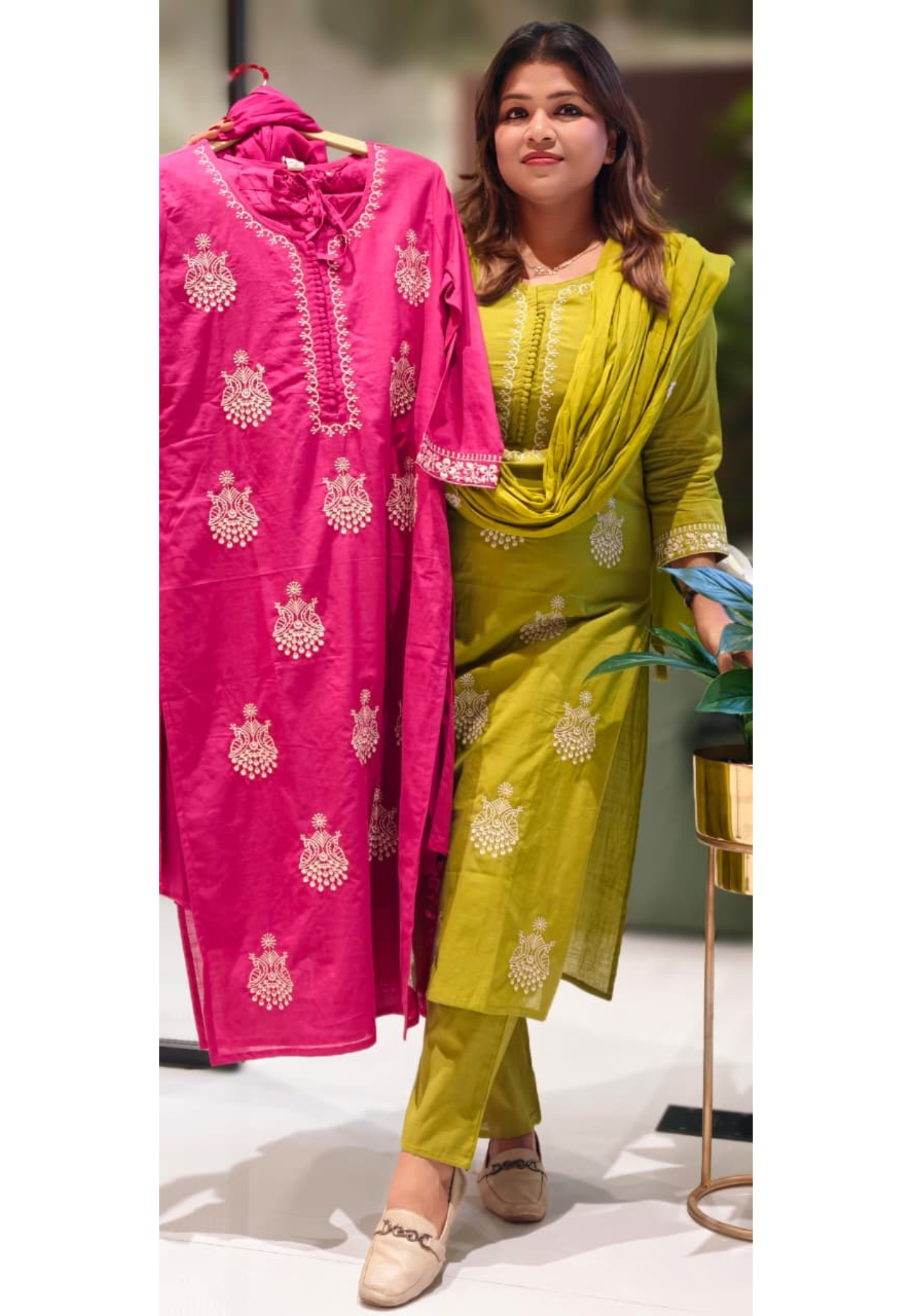 Pure Thread Embroidered Beautiful Neck Line Cotton Full Suit Set With Dupatta- 12934