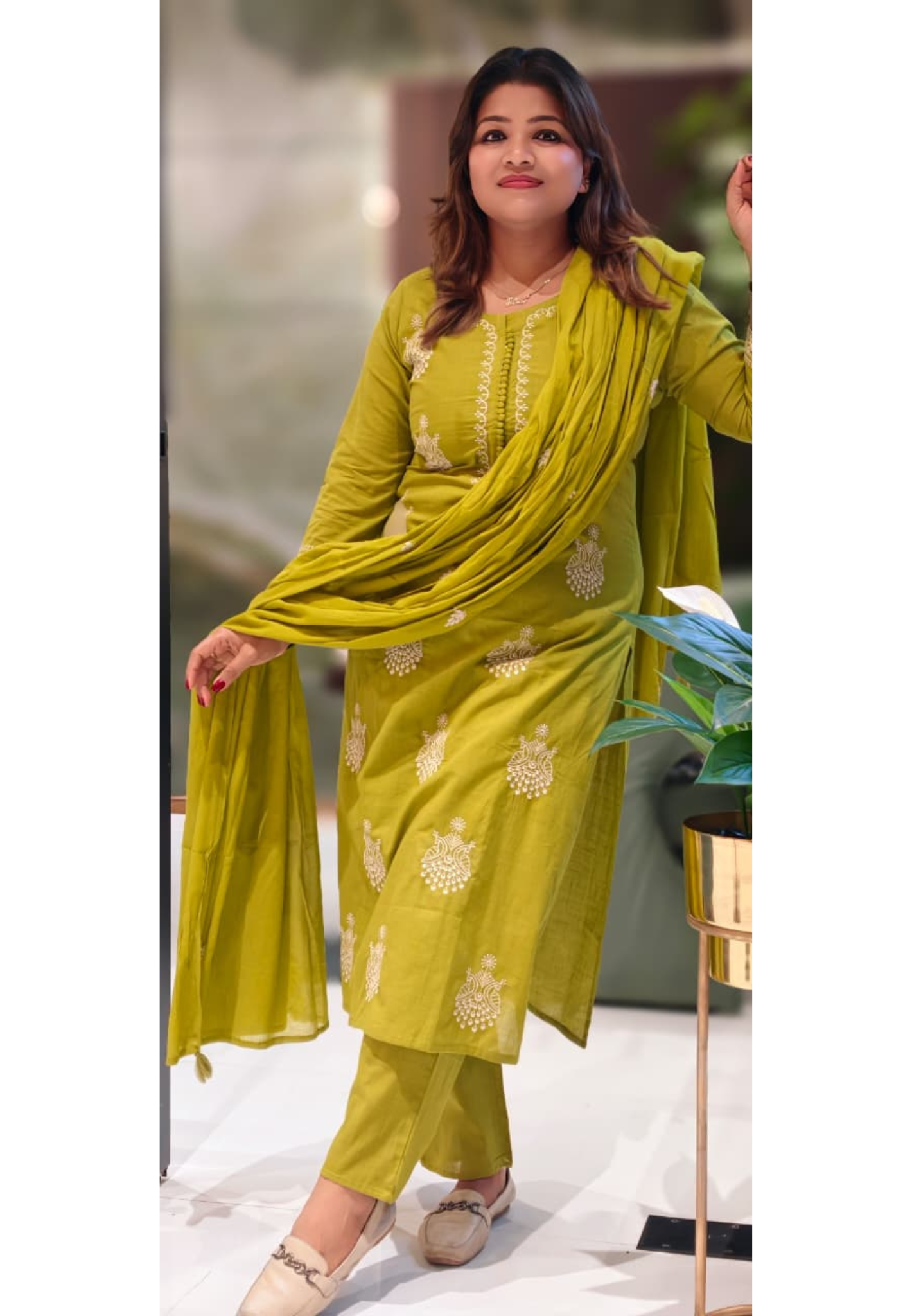 Pure Thread Embroidered Beautiful Neck Line Cotton Full Suit Set With Dupatta- 12934