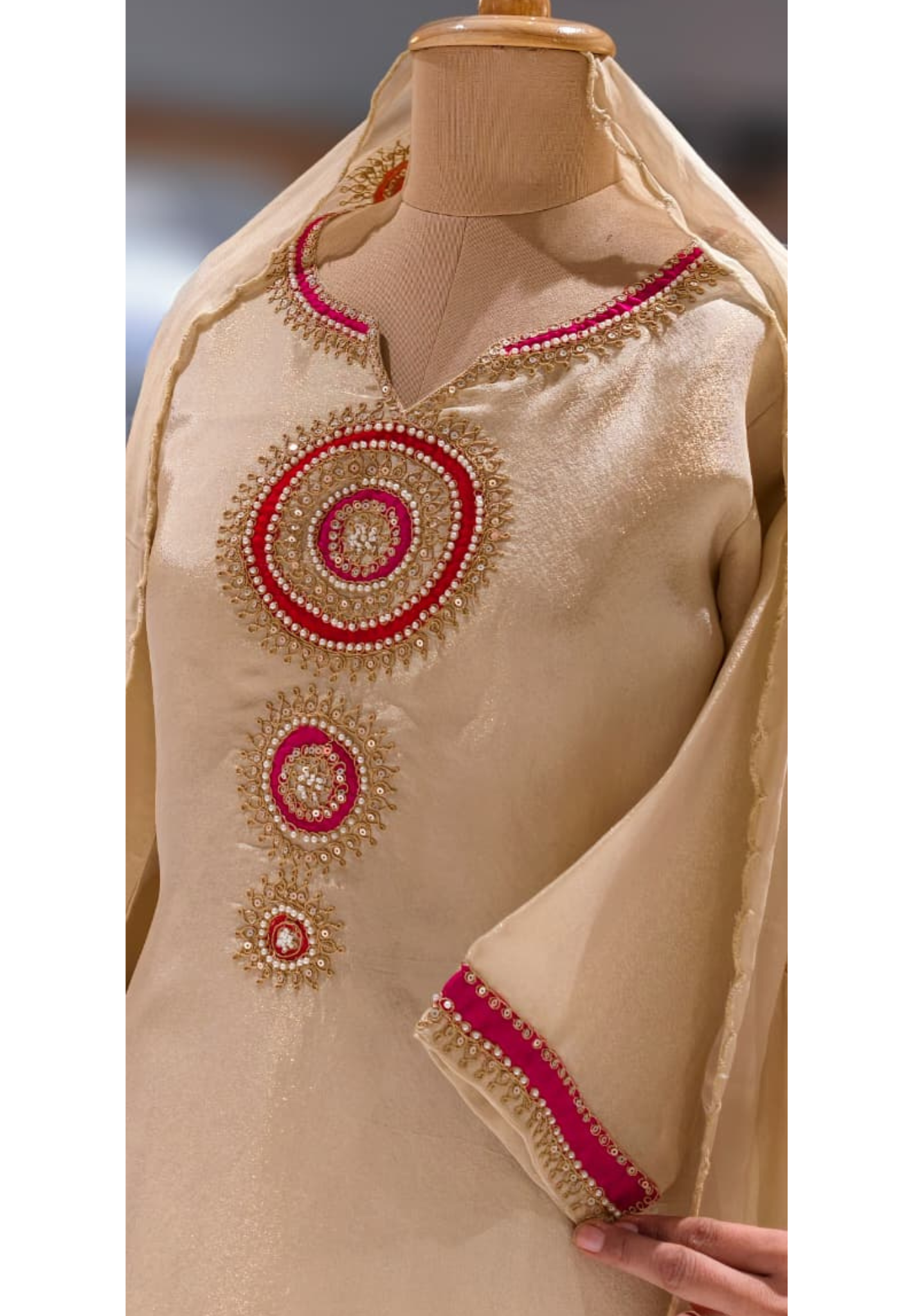 Round Work Zardozi Full Suit Set With Dupatta In Tissue Fabric- 13009