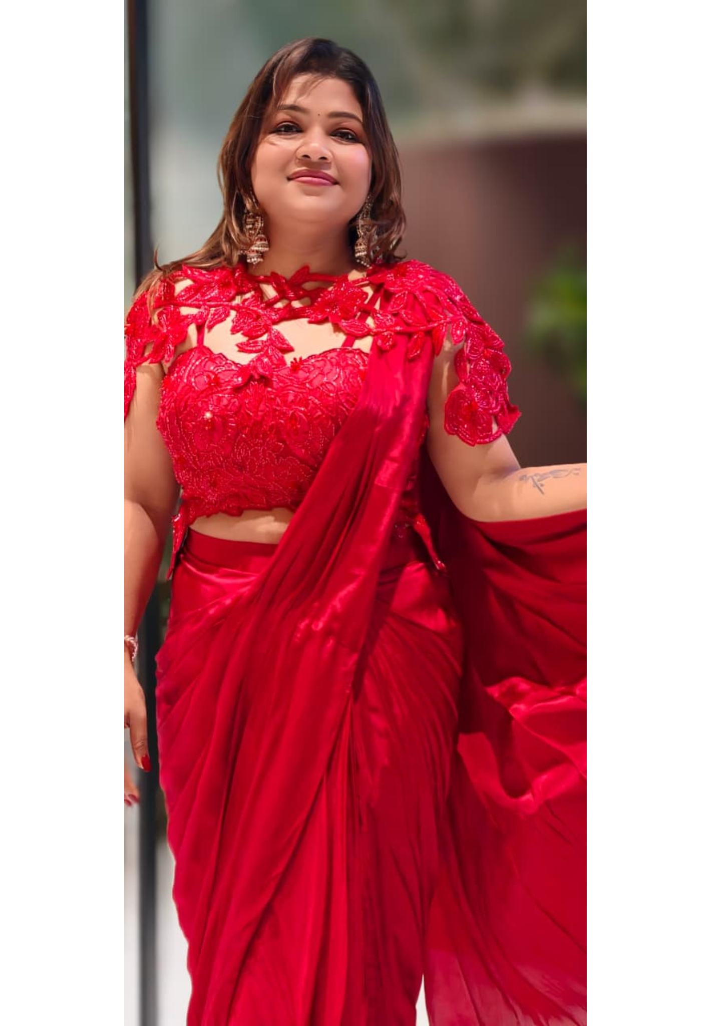 Luxurious Cut-Dana Embellished Leafy Cut-Work Blouse With Drape Saree- 13038