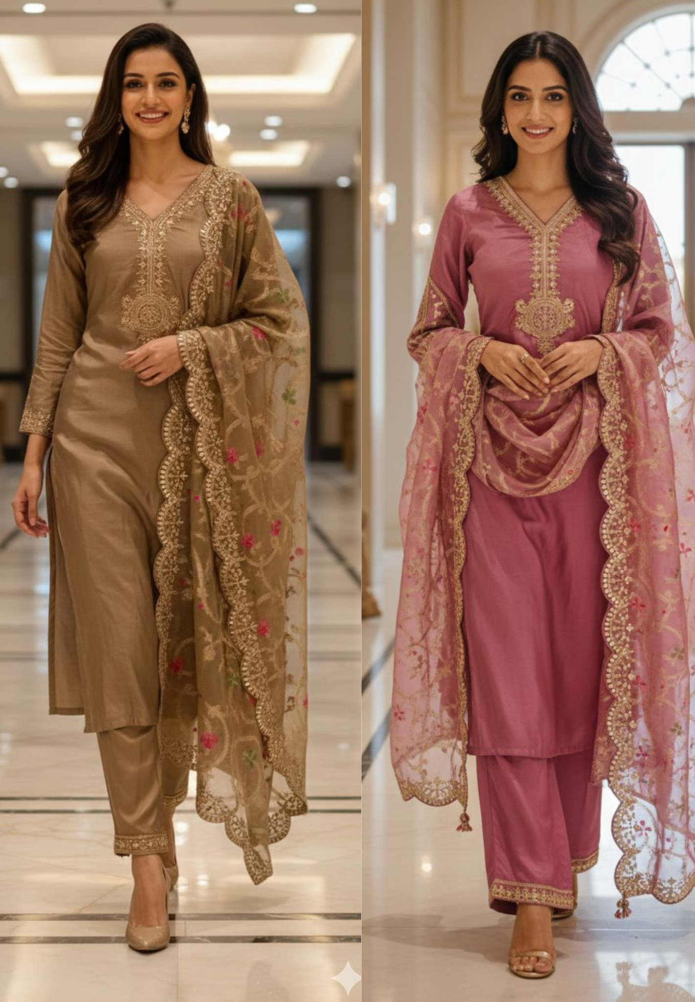 Kundan Look Golden Zardosi Work Cut-Work Grand Floral Dupatta Tissue Full Suit Set- 13050