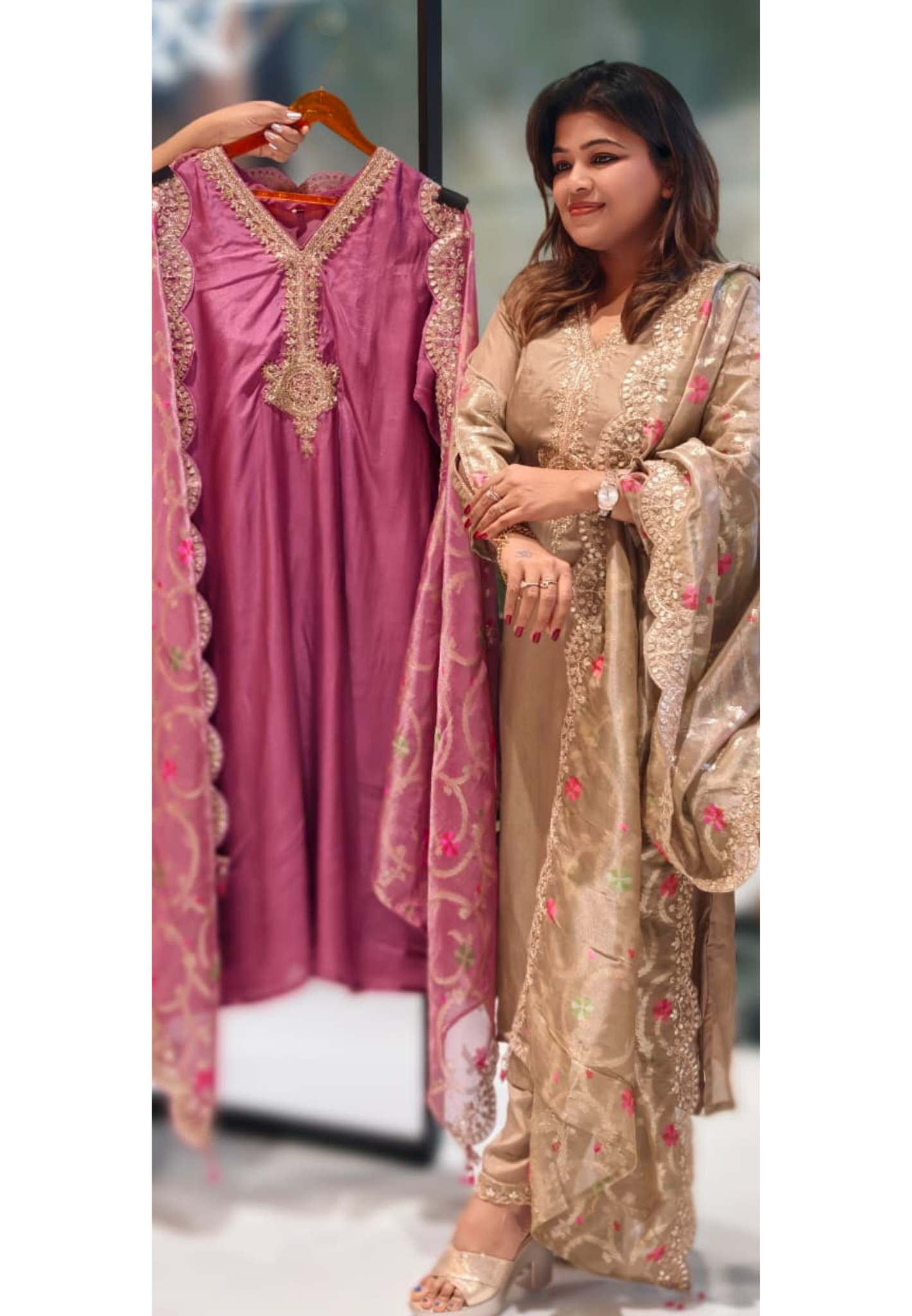 Kundan Look Golden Zardosi Work Cut-Work Grand Floral Dupatta Tissue Full Suit Set- 13050