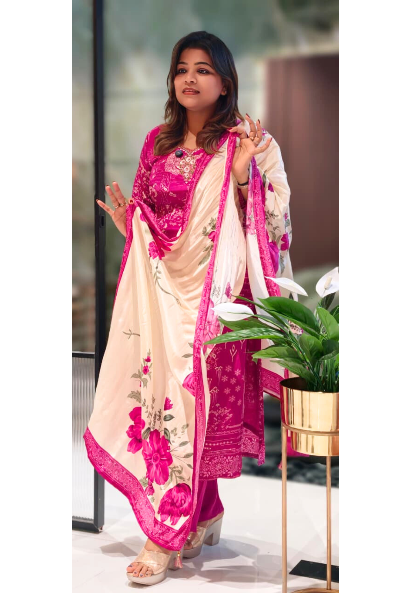 Multi Printed Fine Floral Beautiful Neck Line Crepe Full Suit Set With Floral Dupatta- 13063