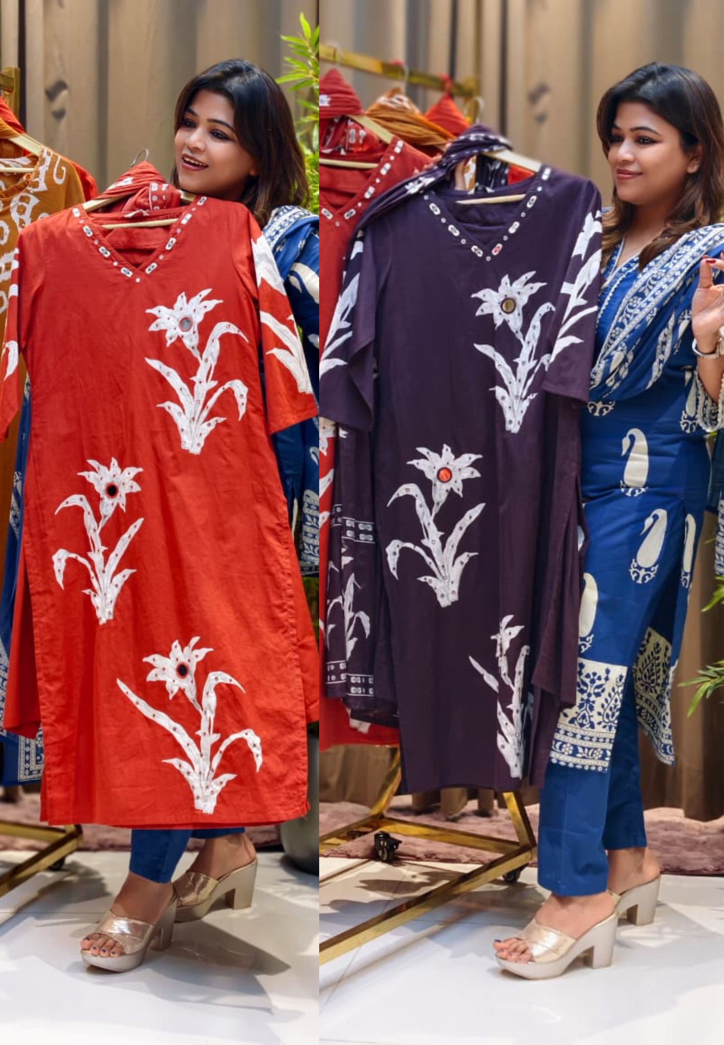 Foil Mirror Printed Straight Cotton Full Suit With Matching Dupatta & Bottom- 12991