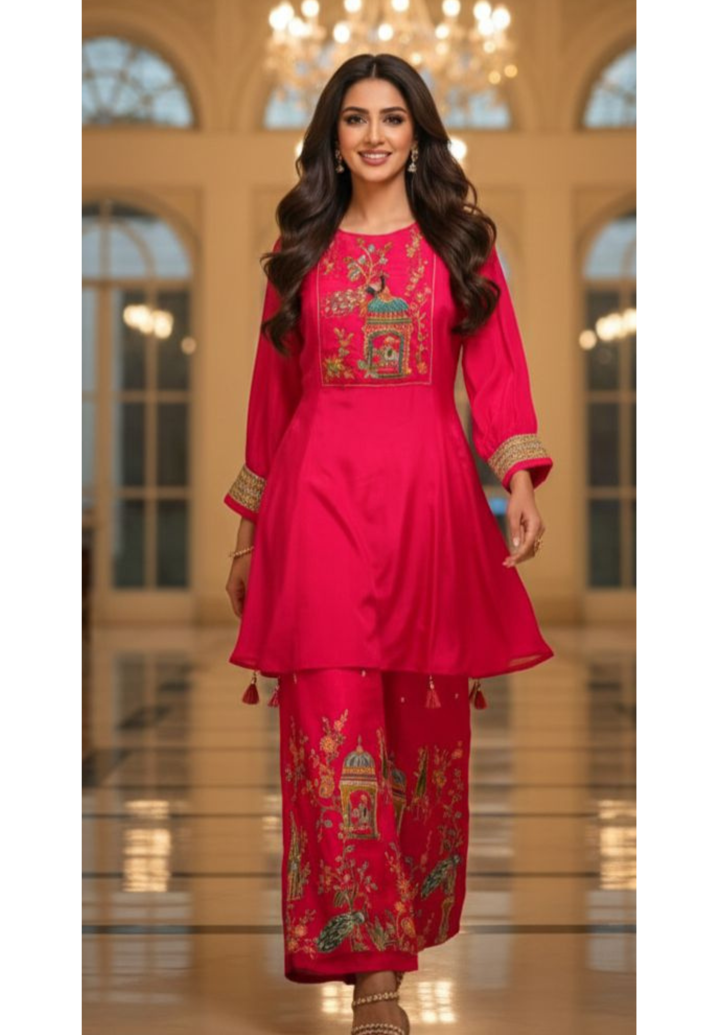 Figured Embroidery With Cut-Dana Outline A-Line Balloon Sleeve Kurta With Worked Straight Bottom- 13068