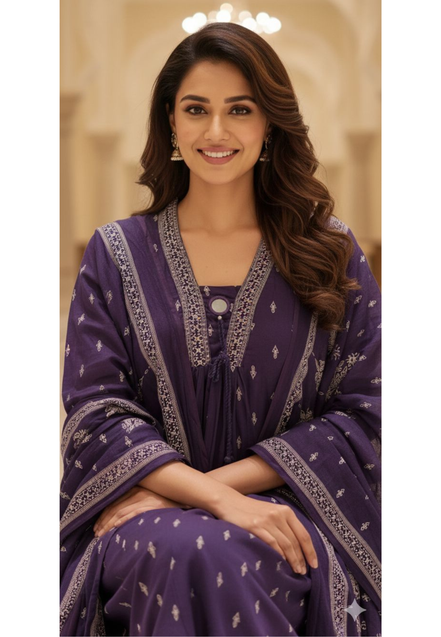 Minimal Neck Line Real Mirror Thread Tasseled A-Line Printed Full Suit Set With Dupatta In Cotton Fabric- 13047