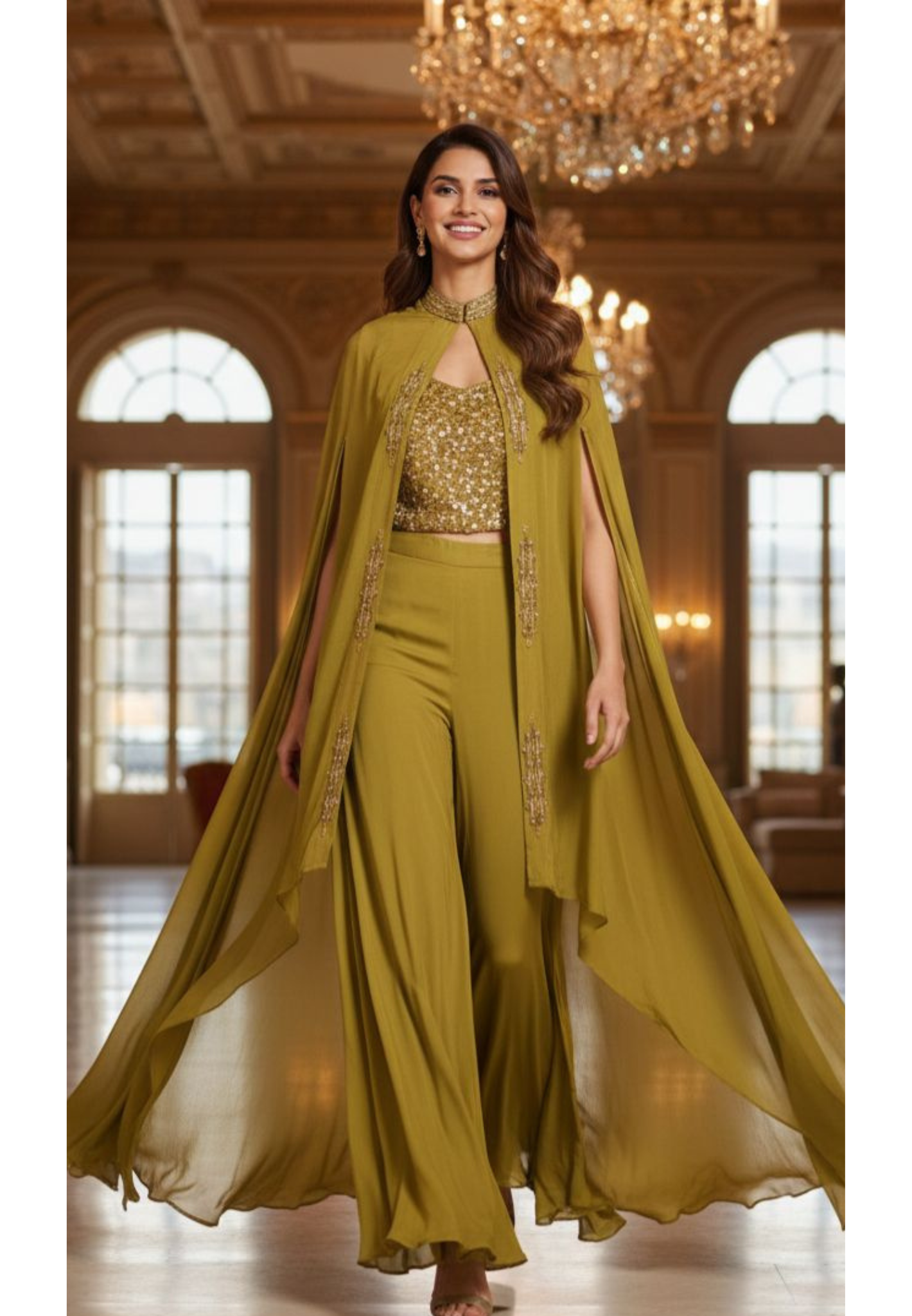 Stylish Cape With Mirror Work Busted Crop-Top & Loose Palazzo Bottom In Georgette Fabric- 13074
