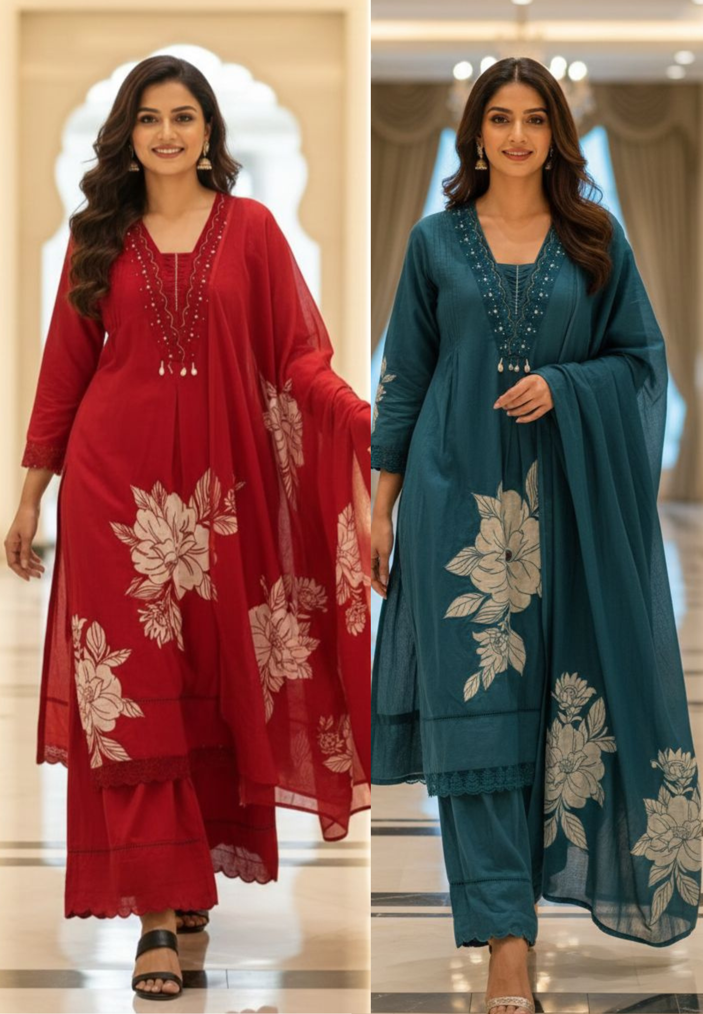 Giant Floral Print Unique Neck Line With Tiny Pearl Pleated A-Line Cotton Full Suit Set With Dupatta- 13075