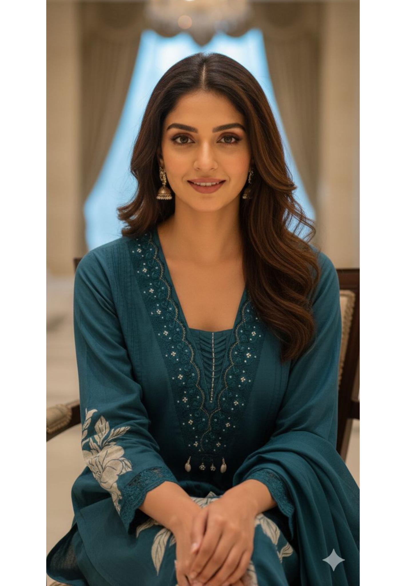 Giant Floral Print Unique Neck Line With Tiny Pearl Pleated A-Line Cotton Full Suit Set With Dupatta- 13075