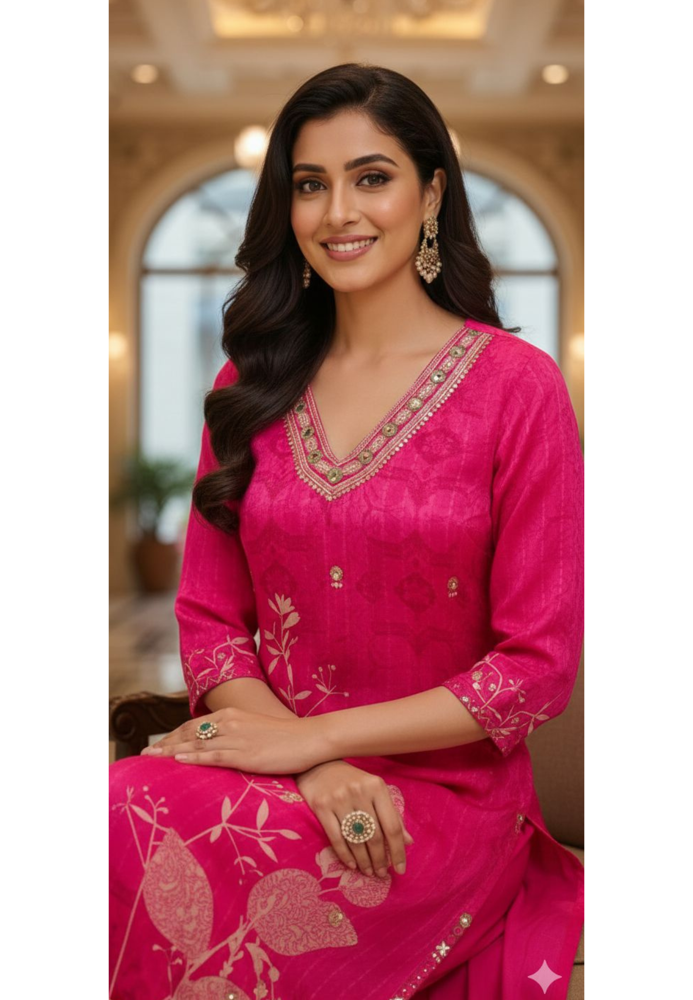 Rani Pink Floral Print Kurta With Embellished Neck Ethnic Full Suit Set With Dupatta In Crepe Fabric- 13079