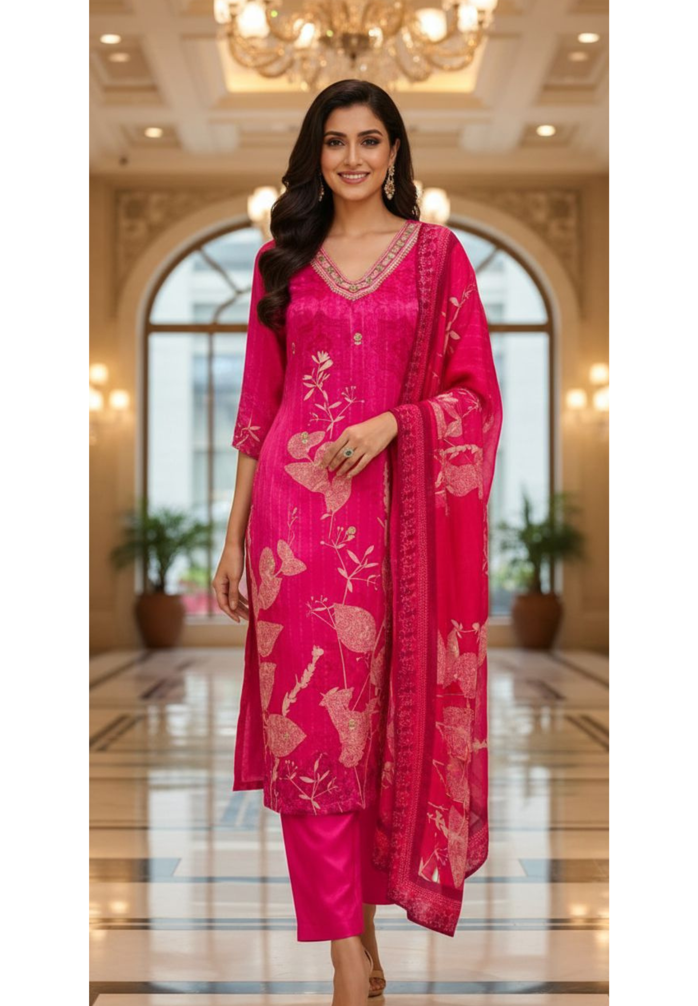 Rani Pink Floral Print Kurta With Embellished Neck Ethnic Full Suit Set With Dupatta In Crepe Fabric- 13079