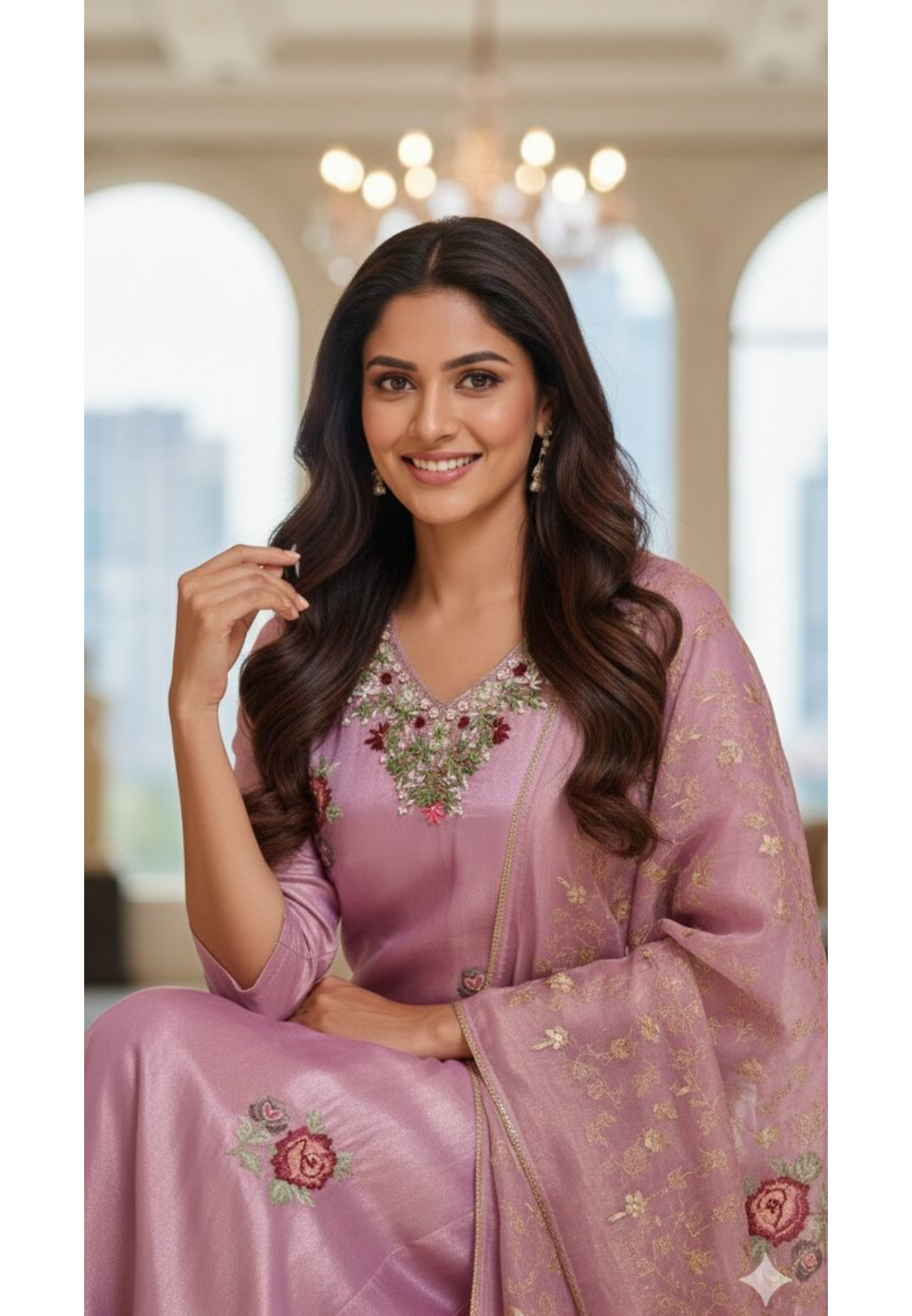 Cross Stitch Floral Embroidery Work Gardenia Neck Line Tissue Full Suit Set With Dupatta- 12981