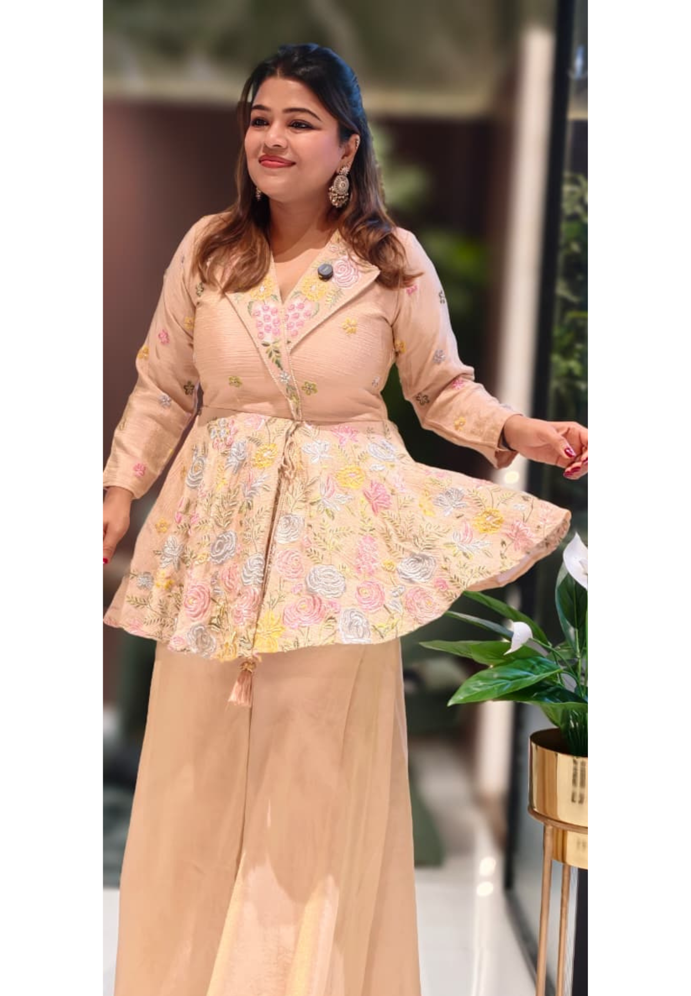 Very Elegant Floral Embroidery Collared Peplum Kurta With Taperred Palazzo Bottom- 13070