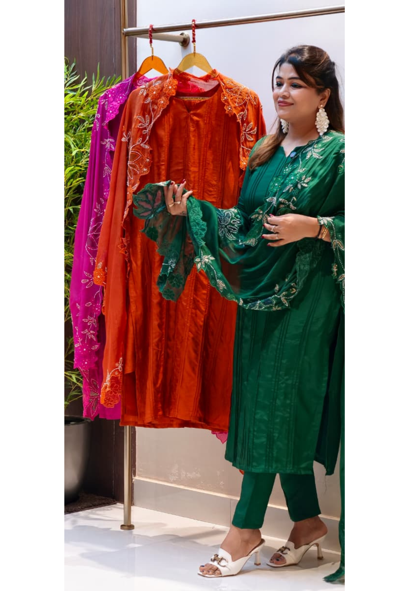 Solid Pleated Straight Full Suit Set With Complete Cut-Work Dupatta In Russian Silk Fabric-13085