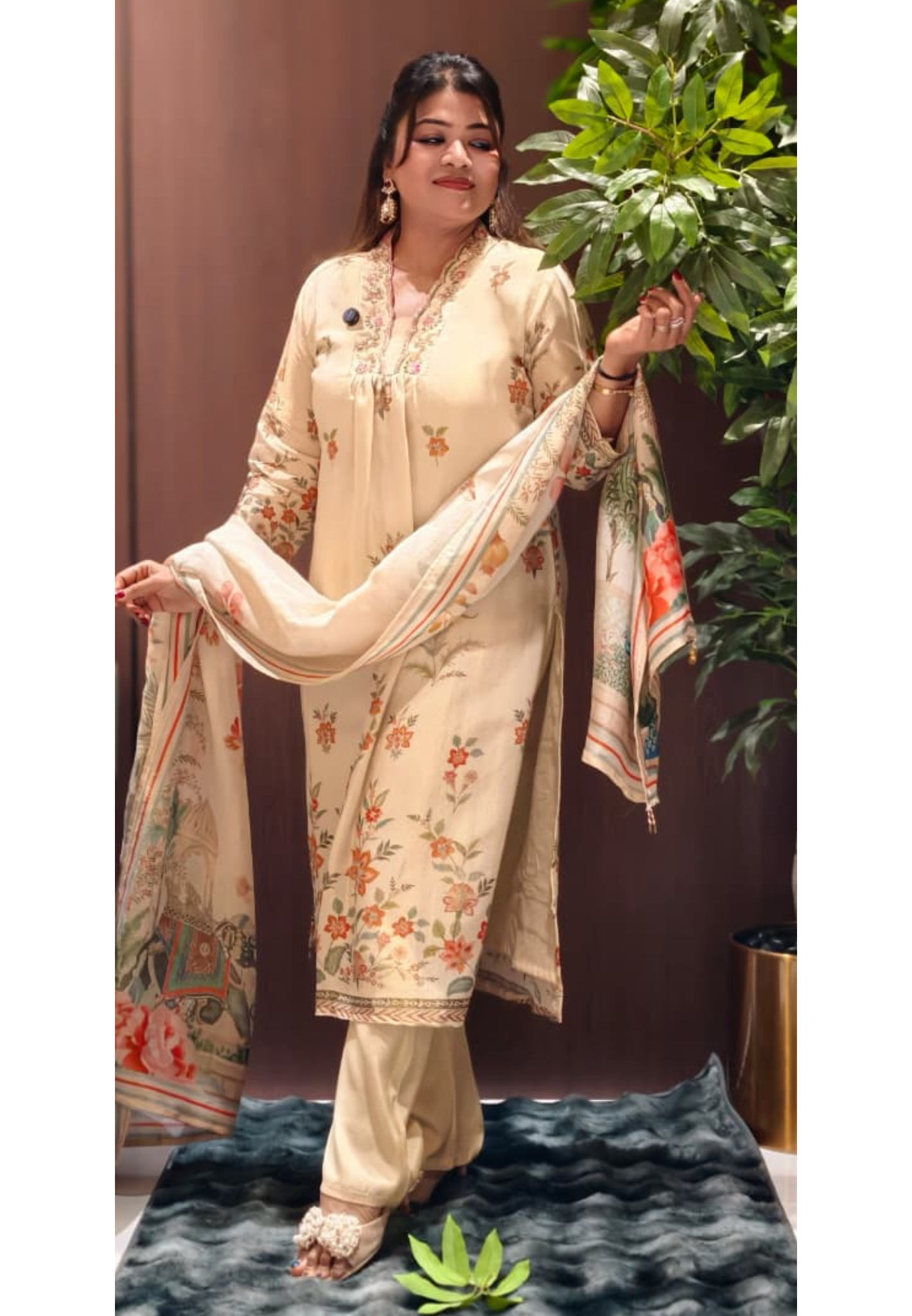 Digital Floral Patterned Print Unique Cut-Work Neck Line Full Suit Set With Dupatta-13078