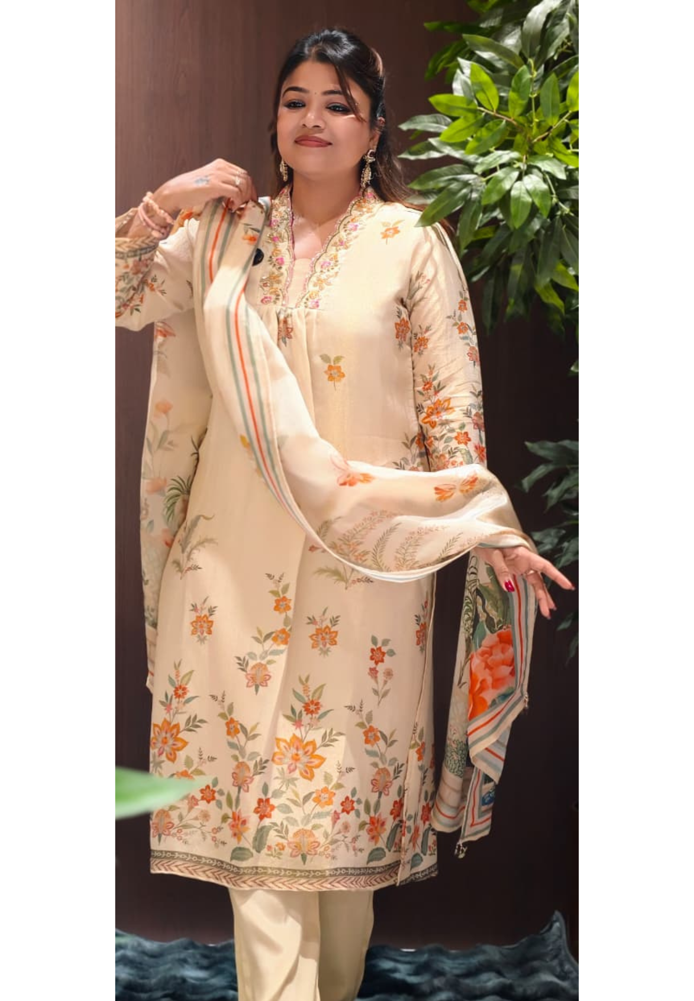 Digital Floral Patterned Print Unique Cut-Work Neck Line Full Suit Set With Dupatta-13078