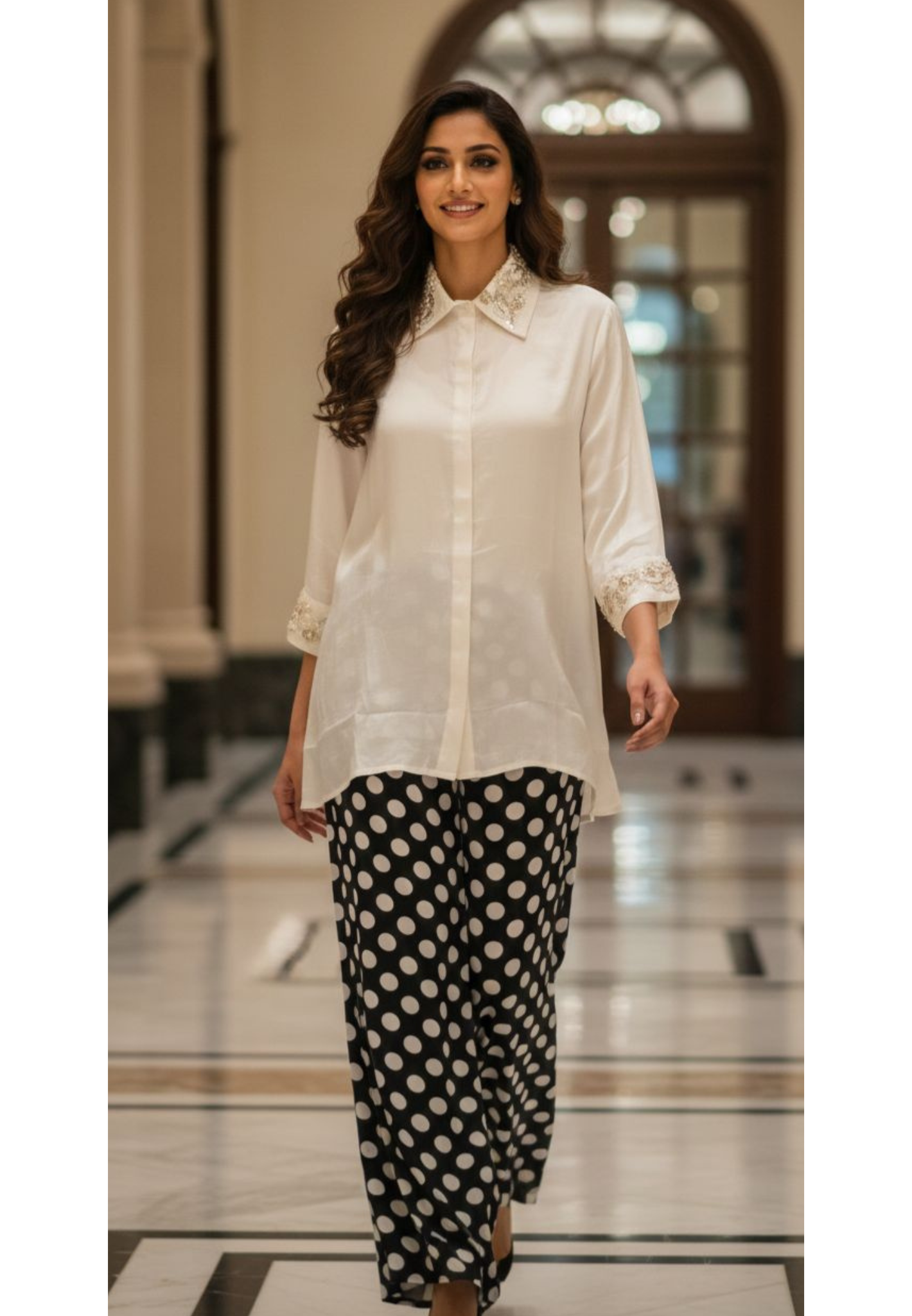 Minimal Collar & Cuff Popped Embroidery Work Very Simple Upper With Polka Printed Loose Bottom- 12918