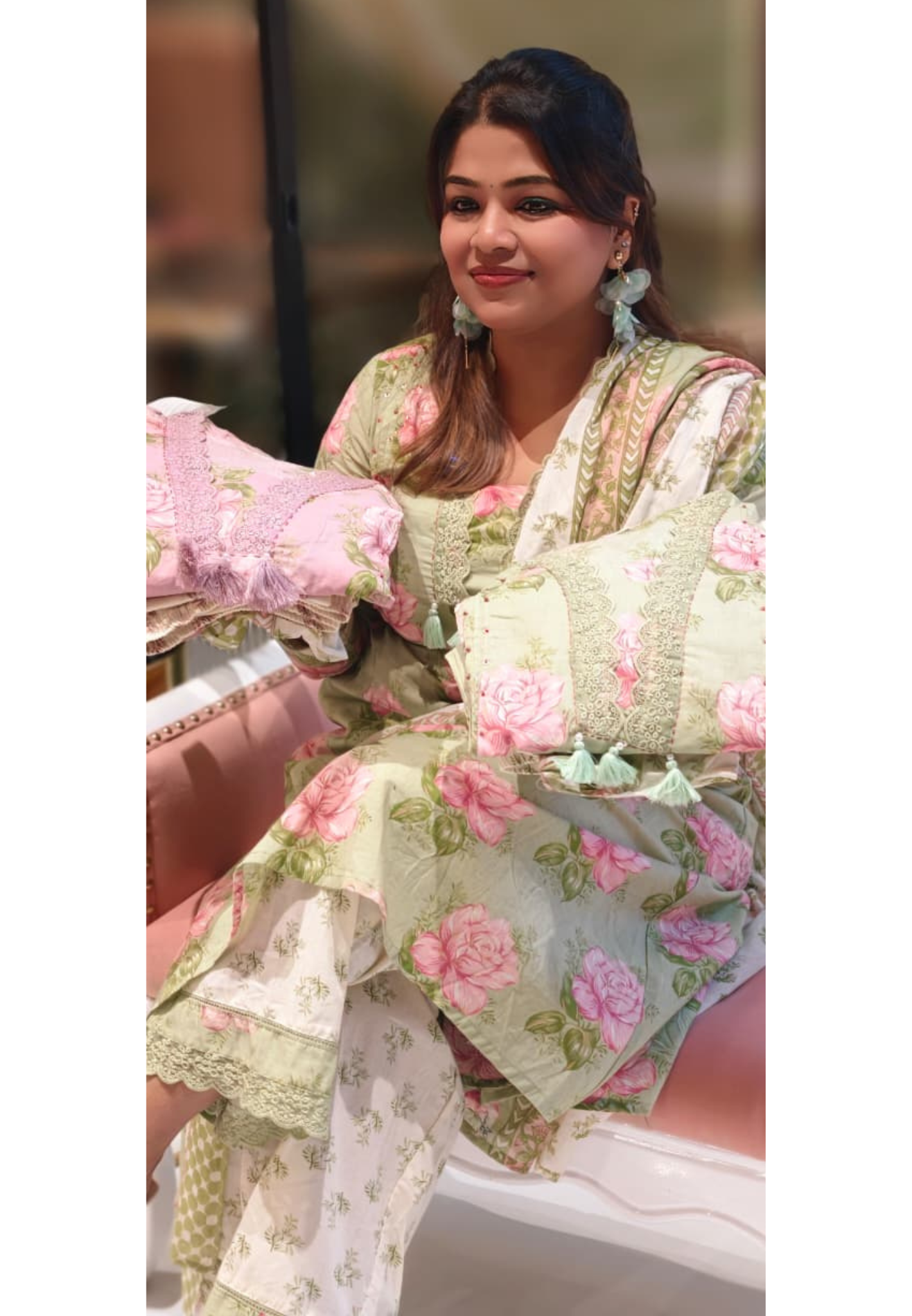 Rose Floral Printed Cut-Work Crosia Lace A-Line Full Suit Set With Dupatta In Cotton Fabric-