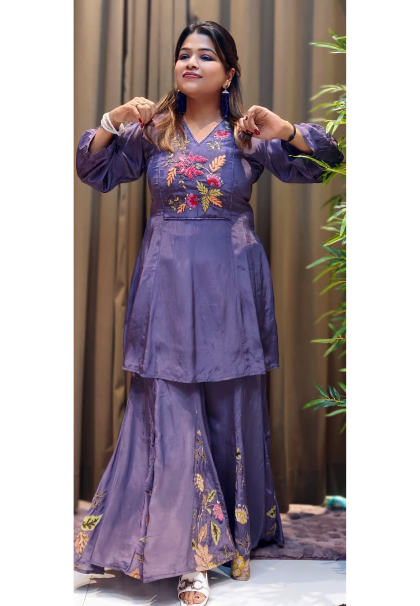 Fine Floral Embroidery Yoke Peplum Style Kurta With Panel Palazzo Bott