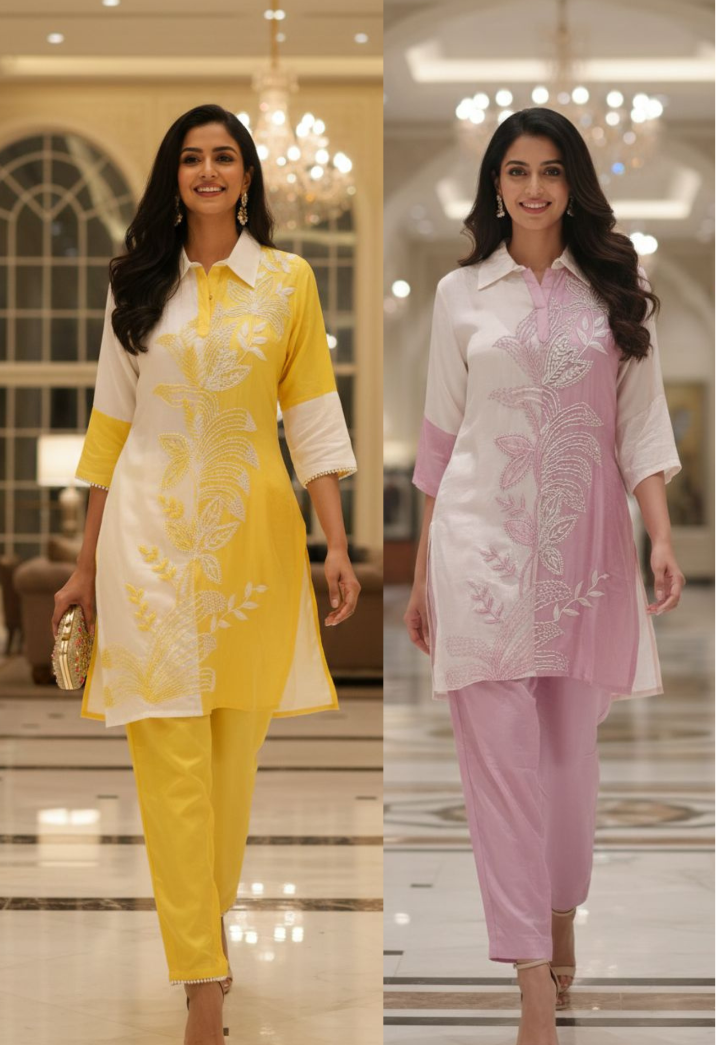 Cut-Dana Leafy Patterned Pastel Twin Color Co-Ord Set In Russian Silk Fabric- 12915