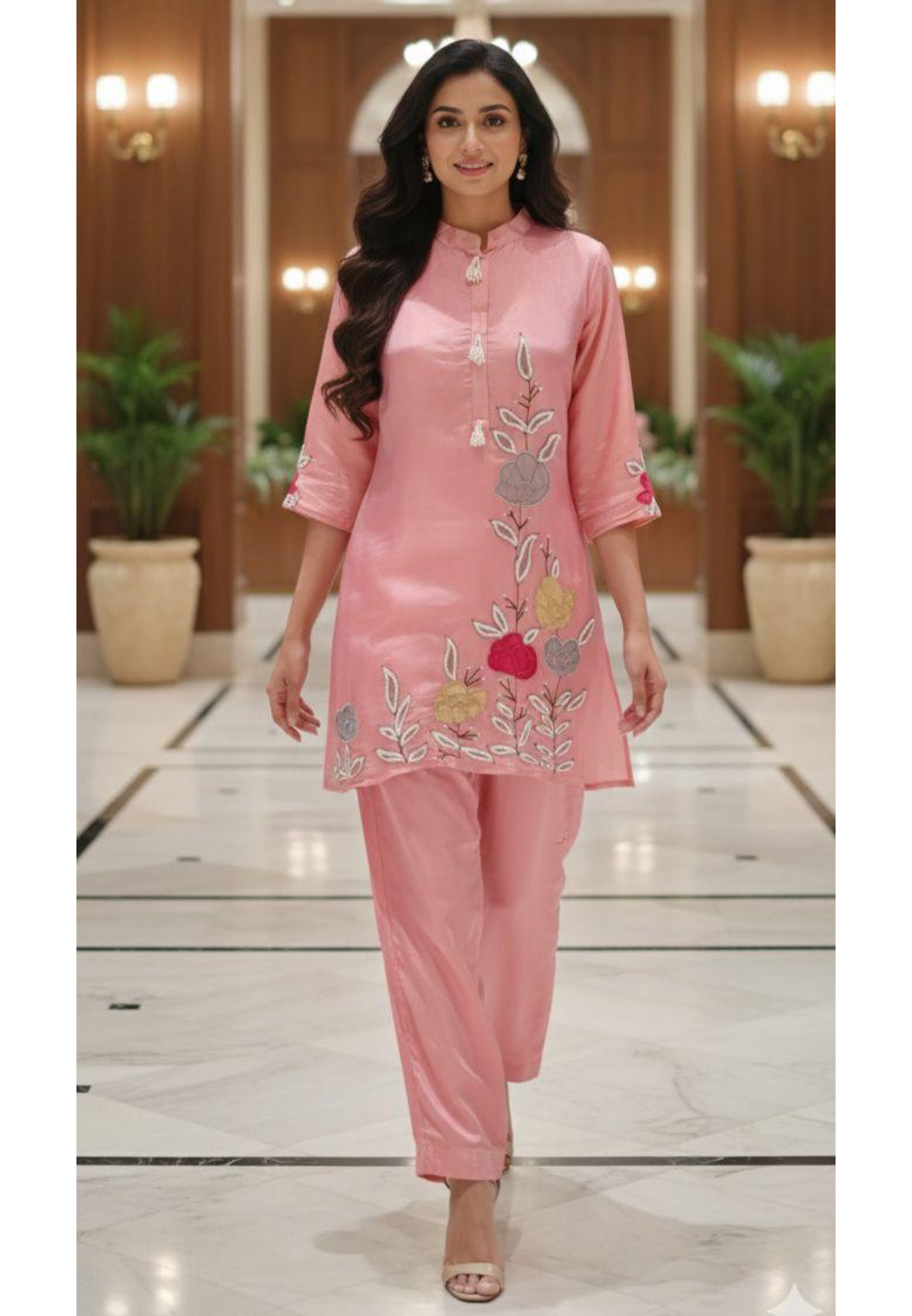 Highlighted Floral Embroidery Pearl Outline Tasseled Co-Ord Set In Tissue Fabric-12917