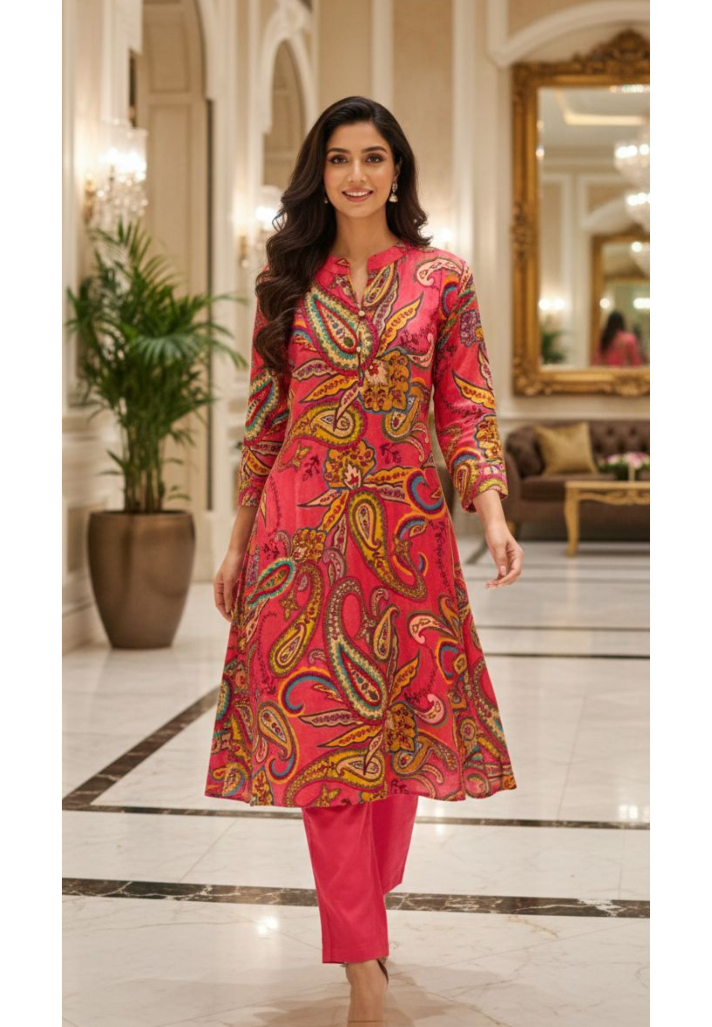 Elegant Wine Paisley Motif Printed Kurta Paired With Matching Pants In Modal Satin Fabric- 13088