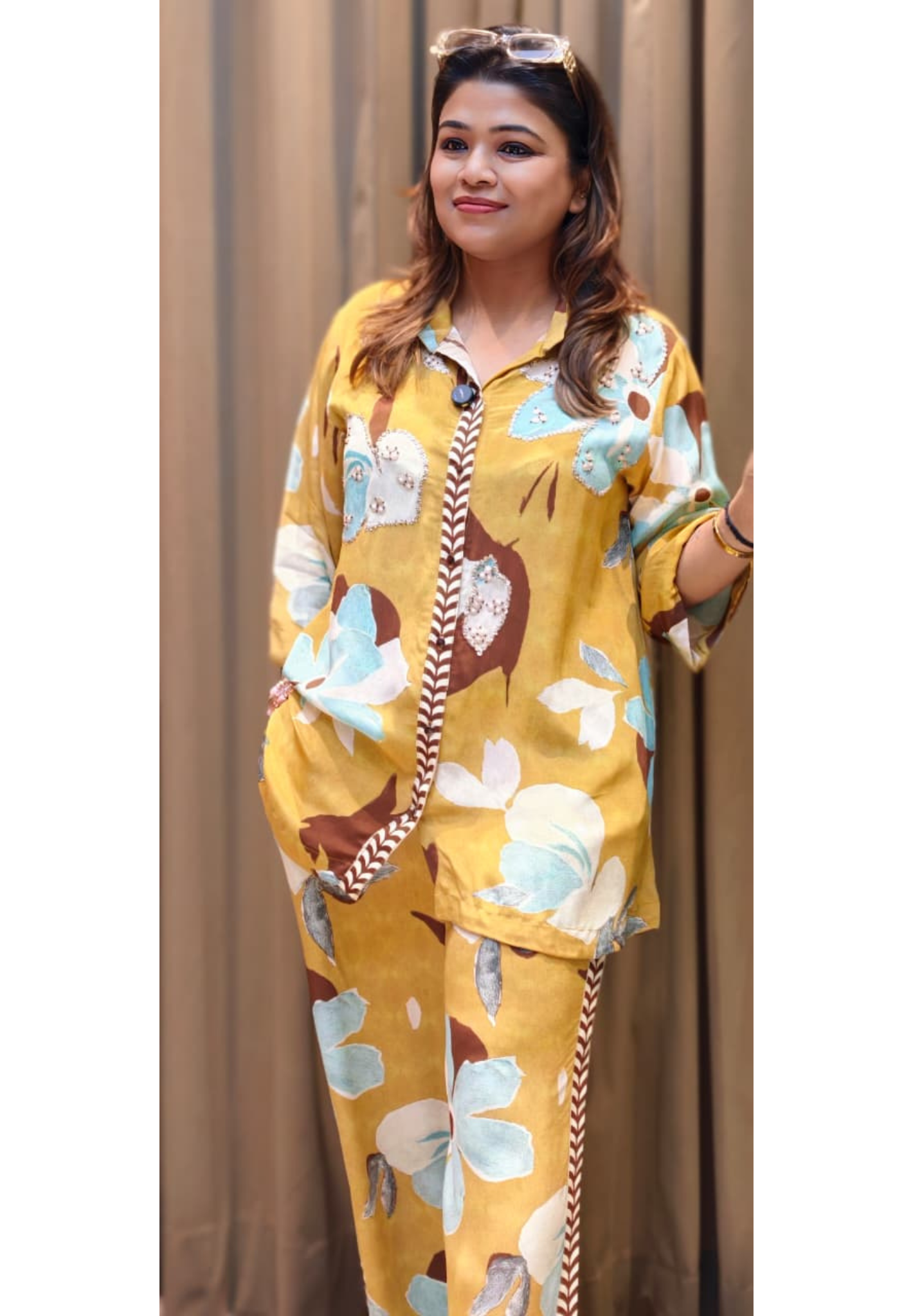 Stylish Indo-Western Kurta Pant Set for Women Mustard Floral Printed Shirt-Style Kurta With Matching Printed Pants In Crepe Fabric- 13090