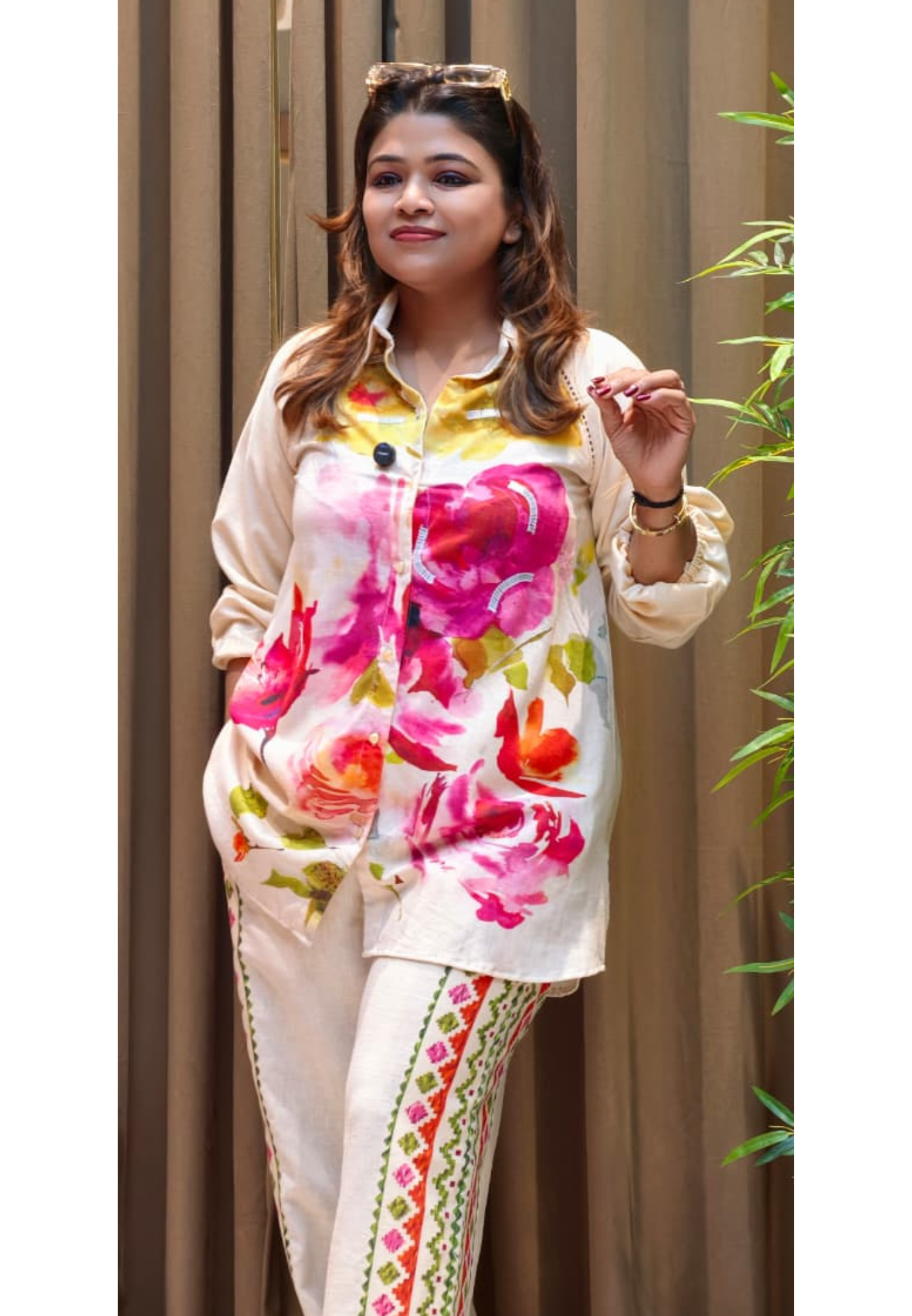 Off-White Floral Printed Shirt-Style Kurta with Embroidered Side-Panel Pants In Linen Fabric- 13089