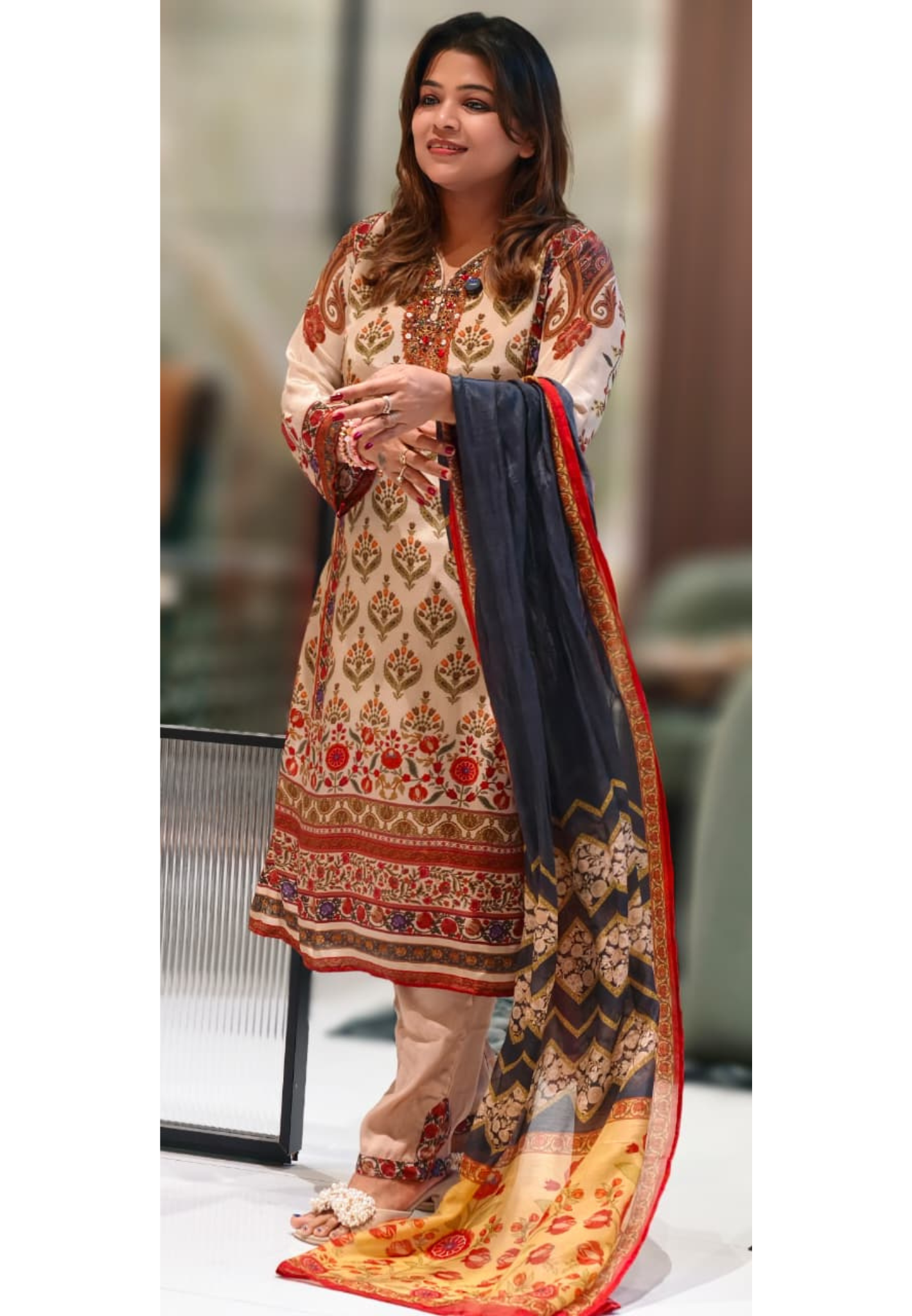 Pure Crepe Beige Floral Printed Straight Cut Kurti with Embroidered Neckline and Matching Bottom- 13087