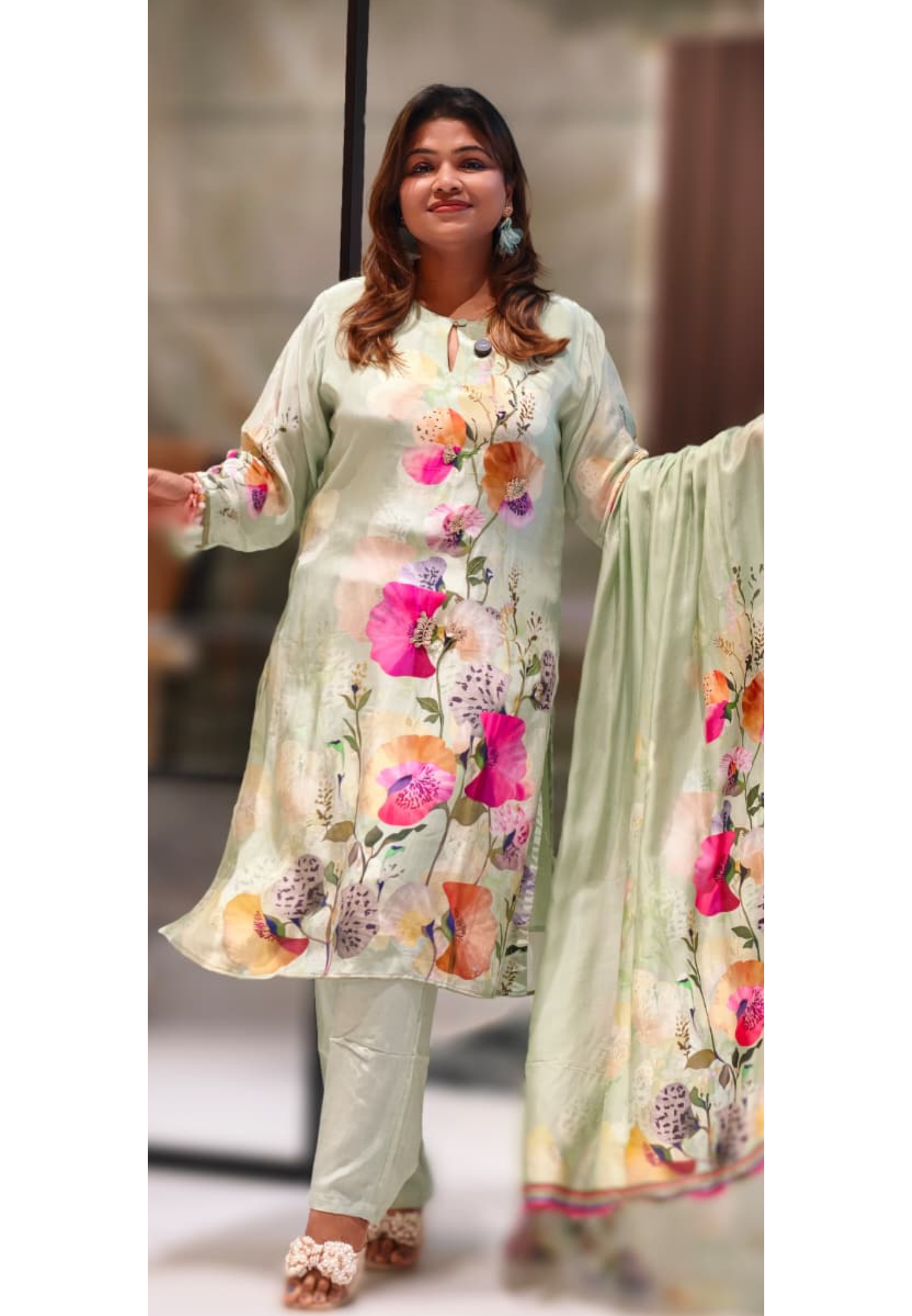 Elegant Mint Green Floral Printed Kurta With Matching Bottom & Dupatta In Crepe Fabric- 13093