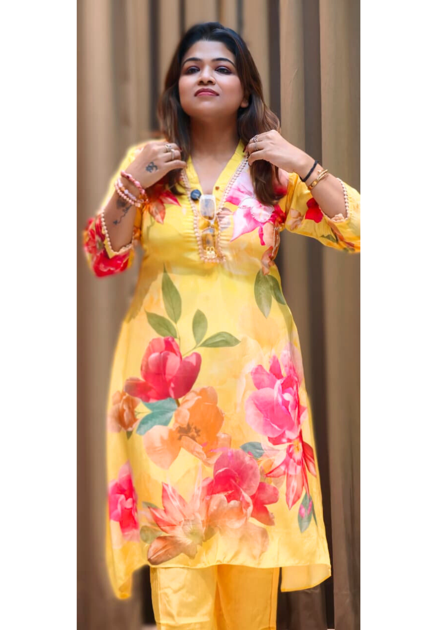 Elegant Yellow Floral Printed Kurta With Decorative Neck Detailing and Matching Pants In Pure Crepe Fabric- 13091