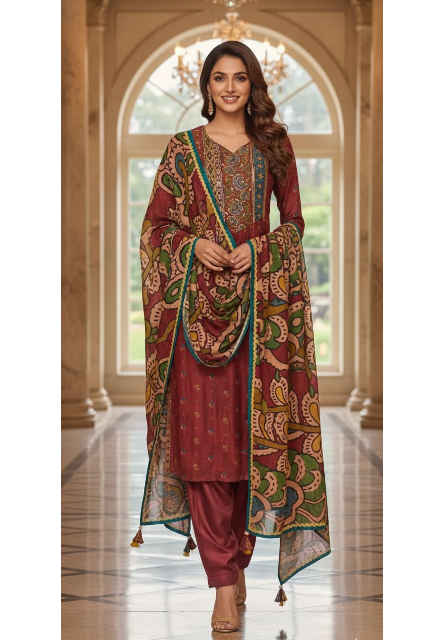 Multi Print Coin Tasseled Yoke Printed Ethnic Straight Full Suit Set With Farsi Bottom & Dupatta- 13125
