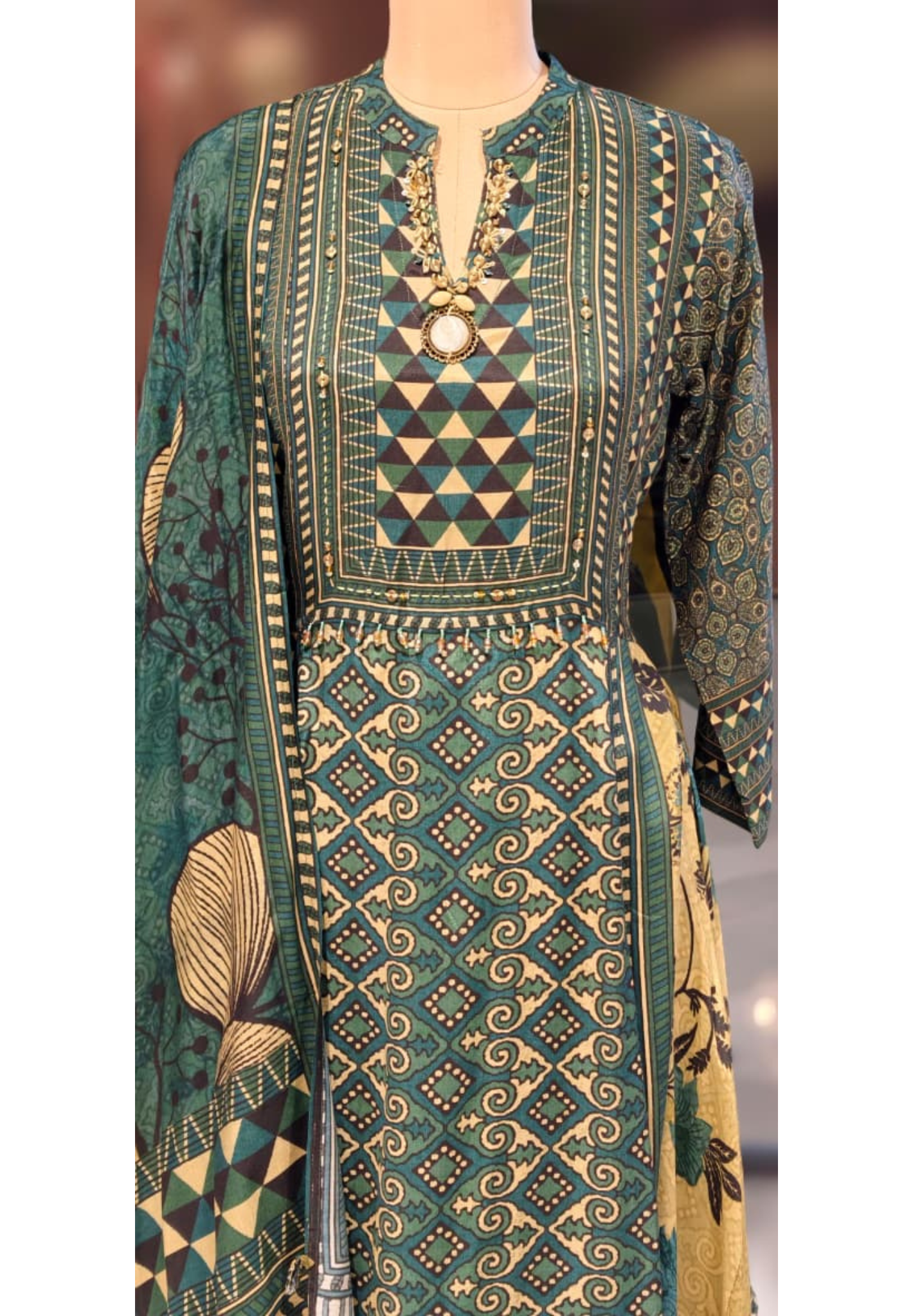 Asymmetric Print Neck Piece Look A-Line Box Cut Full Suit Set With Dupatta In Muslin Fabric- 13137