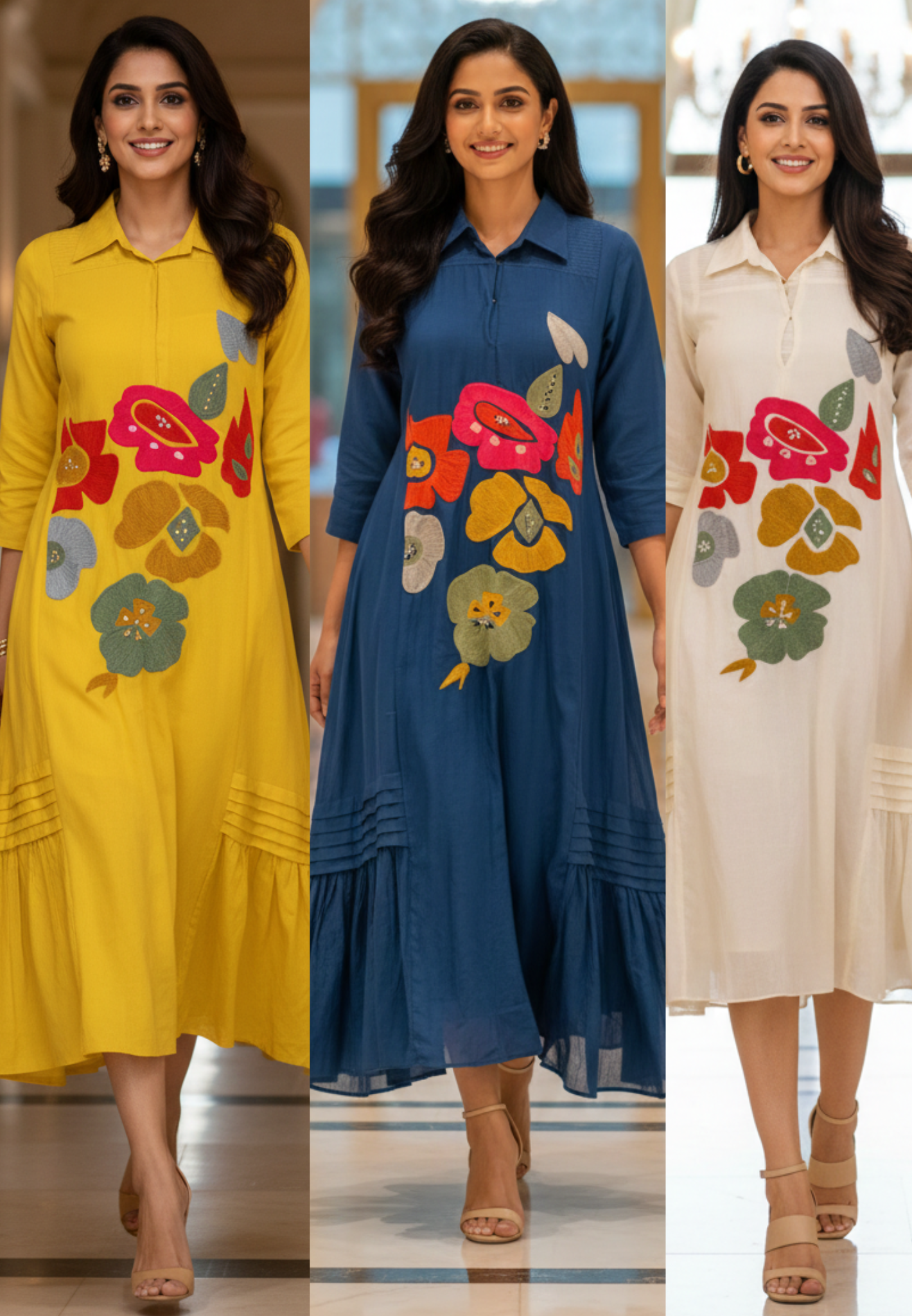 Floral Embroidery Collared Unique Side Pleated Summer Wear Ankle Length Frock In Mul Chanderi Fabric- 13199