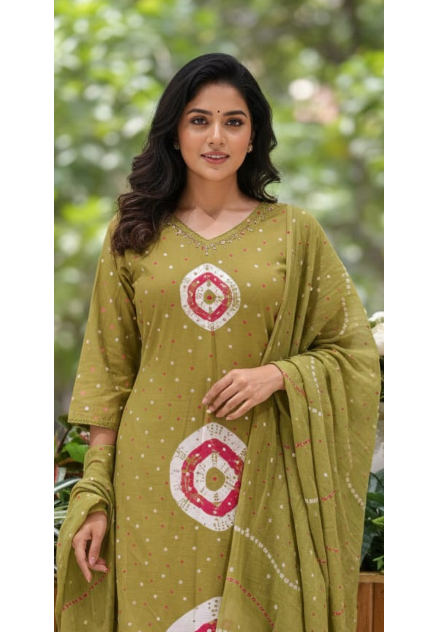 Bandhani With Round Print Very Minimal Neck Line Full Suit Set With Dupatta In Mul Cotton Fabric- 13096