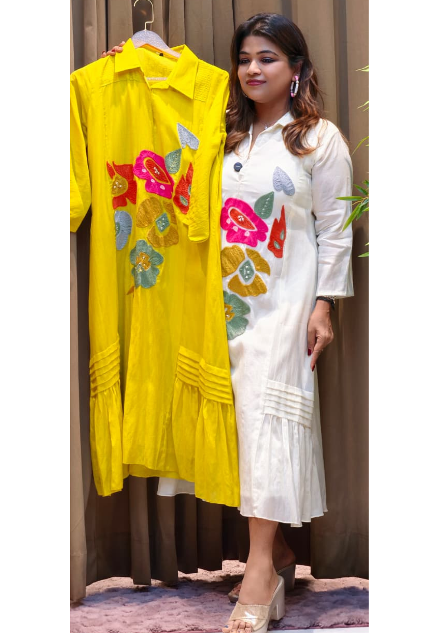 Floral Embroidery Collared Unique Side Pleated Summer Wear Ankle Length Frock In Mul Chanderi Fabric- 13199