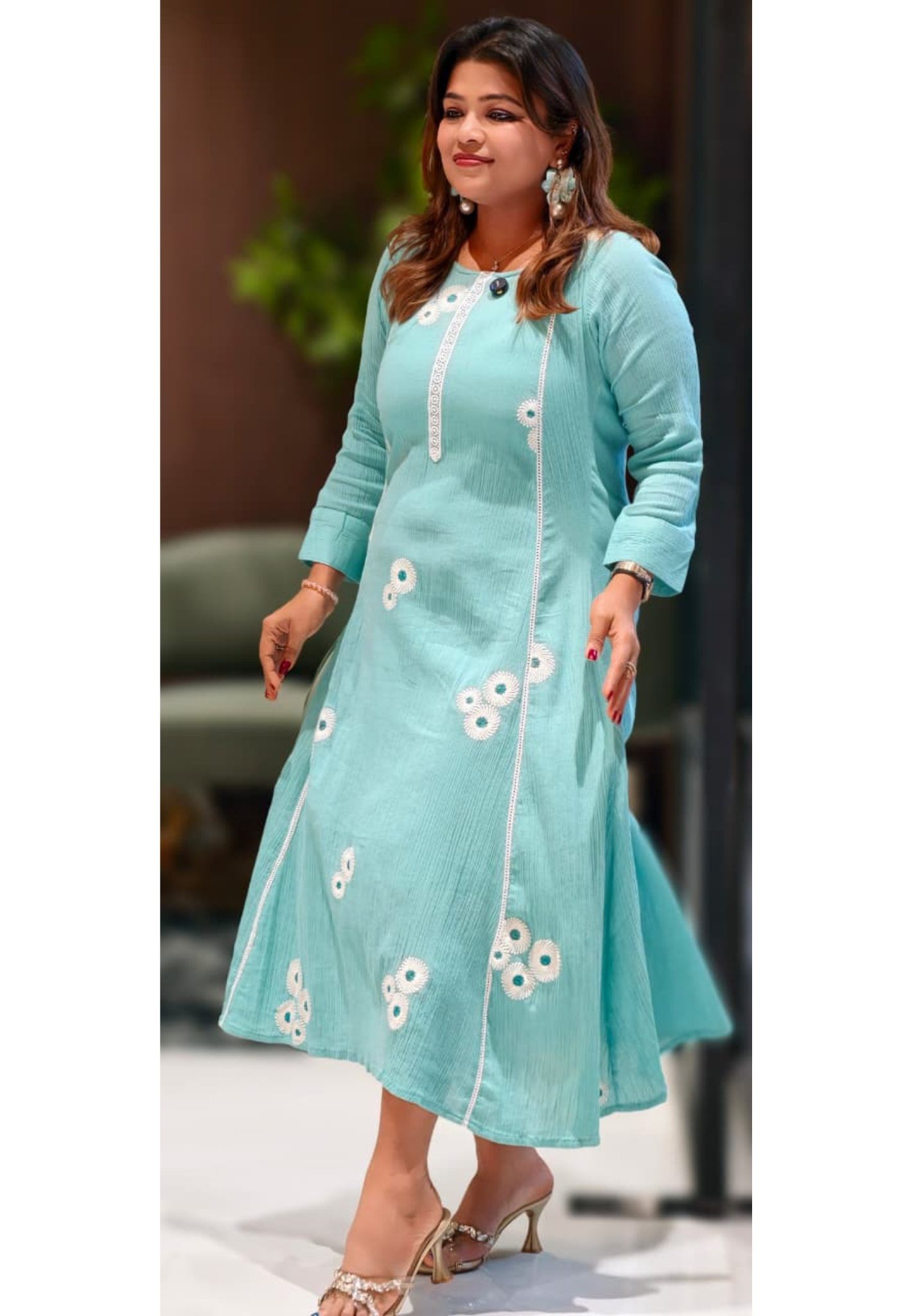 Crush Cotton Crosia Lace Work Floral Embroidery Ankle Length Frock- 13205