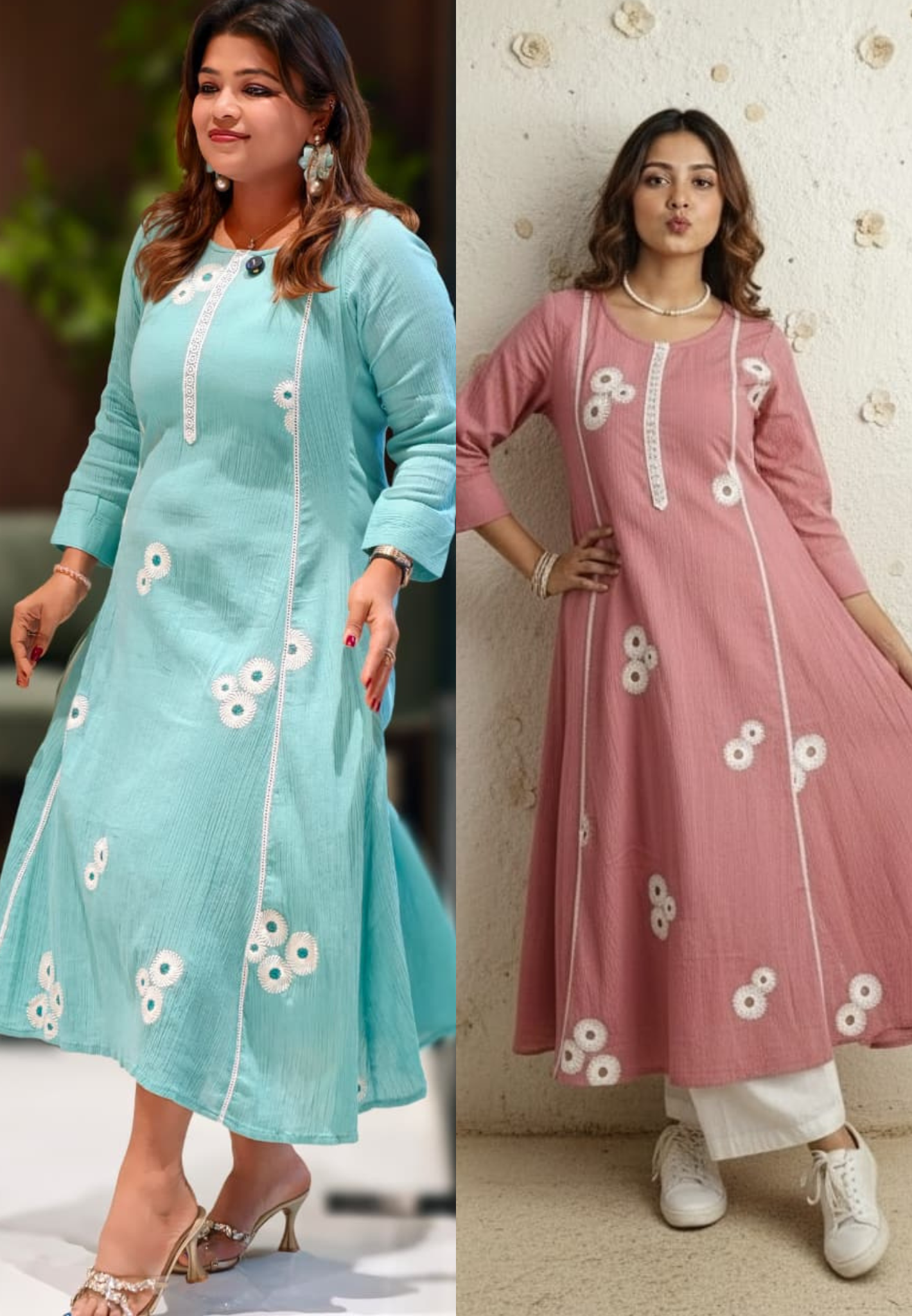 Crush Cotton Crosia Lace Work Floral Embroidery Ankle Length Frock- 13205