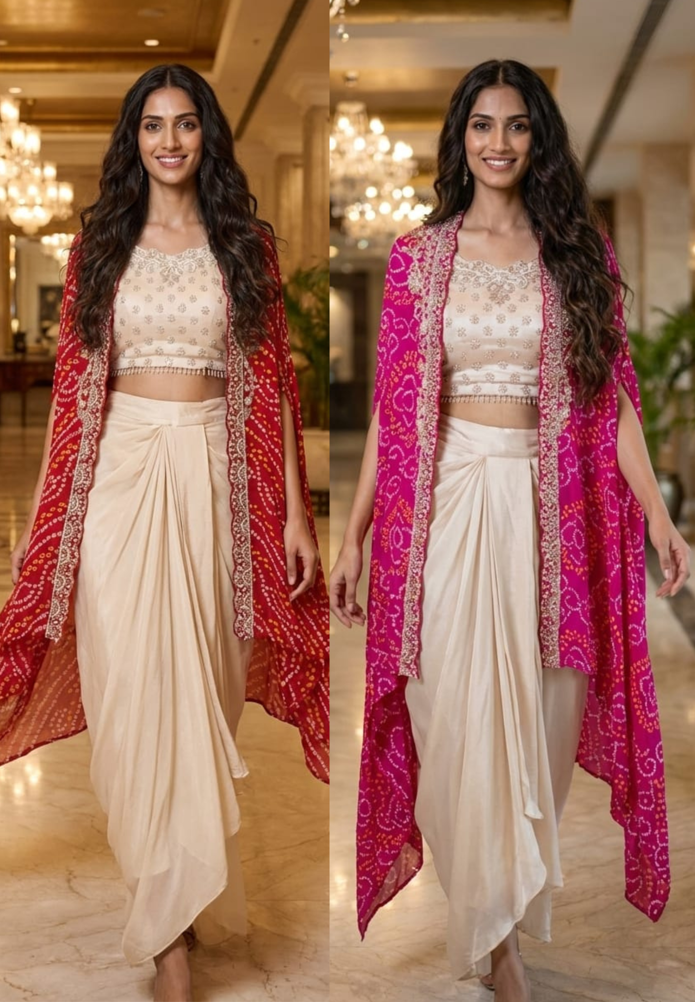 Rich Handwork Tasseled Crop-Top With Drape Skirt & Bandhani Print Vibrant Shrug- 12791