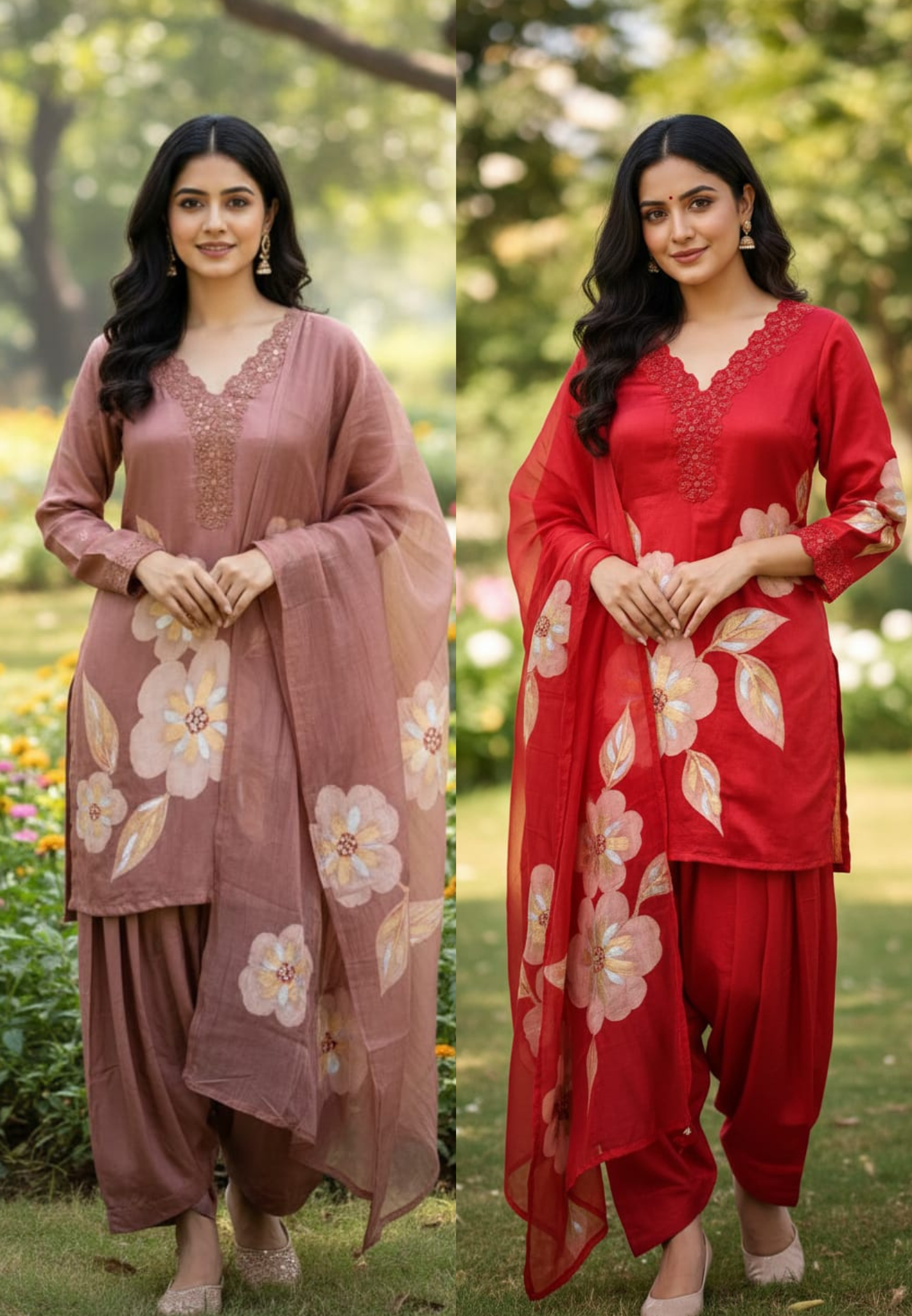 Floral Patch With Cut-Work Neck Line Full Suit Set With Dupatta & Farsi Shalwar-13231(Loose Fit)