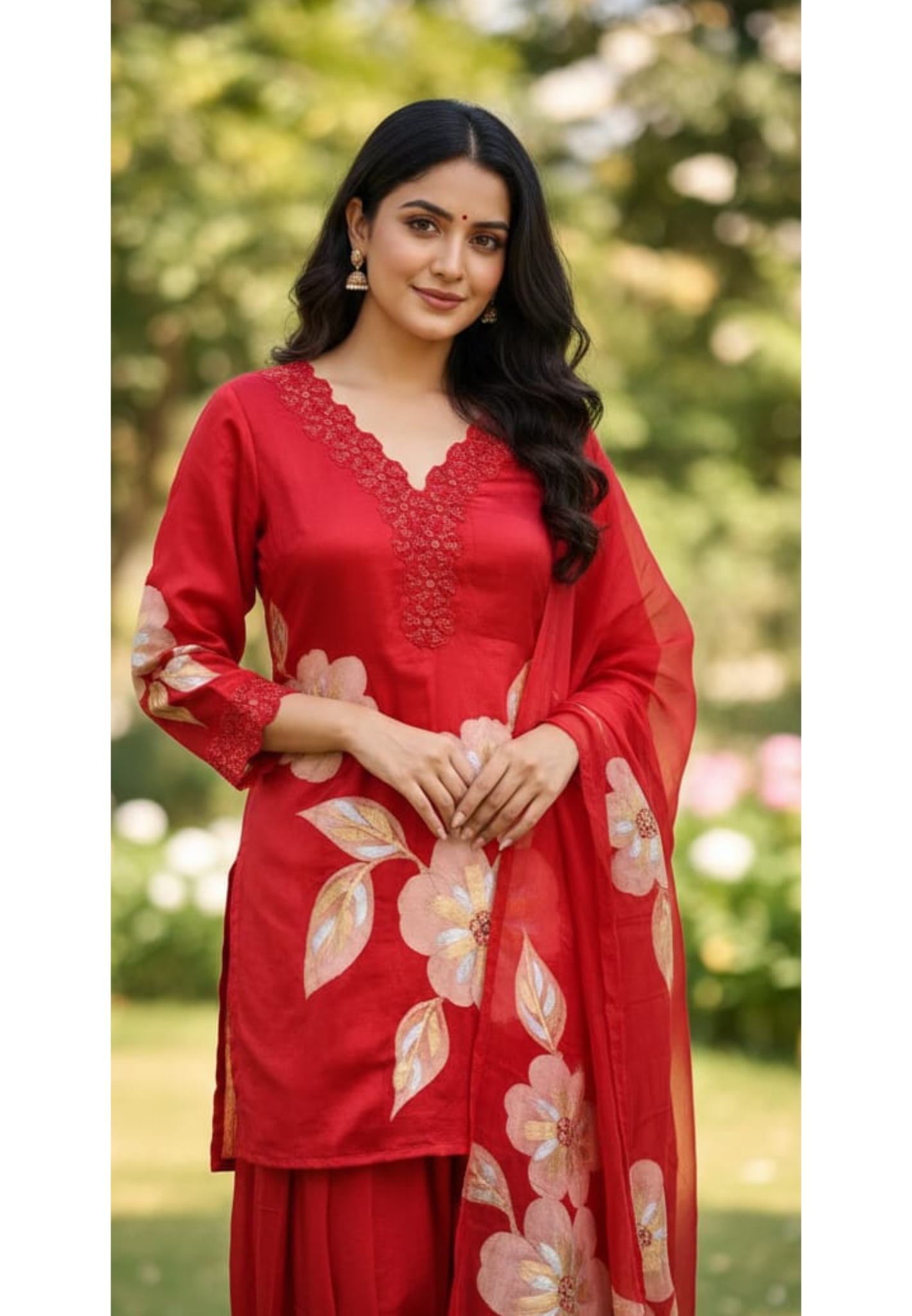 Floral Patch With Cut-Work Neck Line Full Suit Set With Dupatta & Farsi Shalwar-13231(Loose Fit)