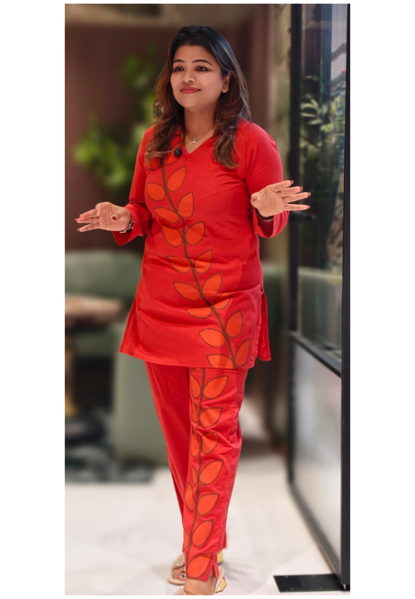 Placement Leafy Print Solid Color Matching Collared Co-Ord Set In Cotton Fabric-13219