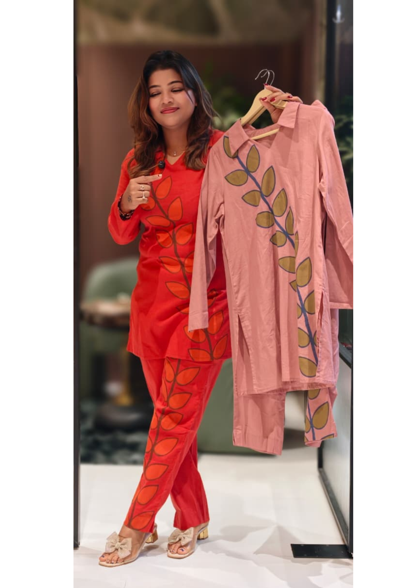 Placement Leafy Print Solid Color Matching Collared Co-Ord Set In Cotton Fabric-13219