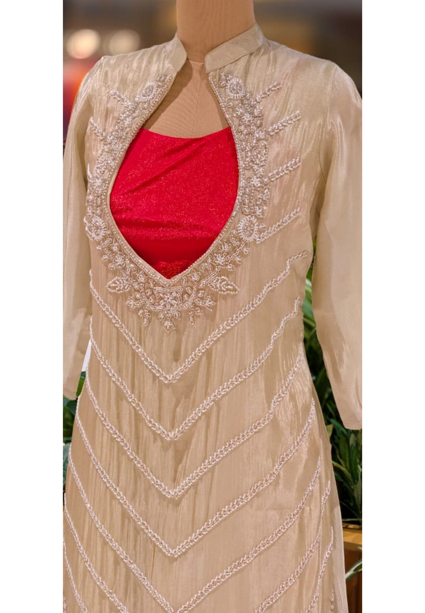 Cut-Dana Heavy Placement Work Shrug With Buster In Palazzo Bottom In Tissue Fabric-13232