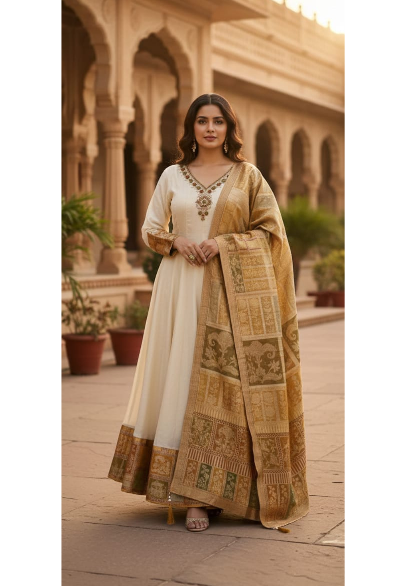 Banarasi Weavin Brocade Panel Anarkali Full Suit Set With Design Over Neck-13235