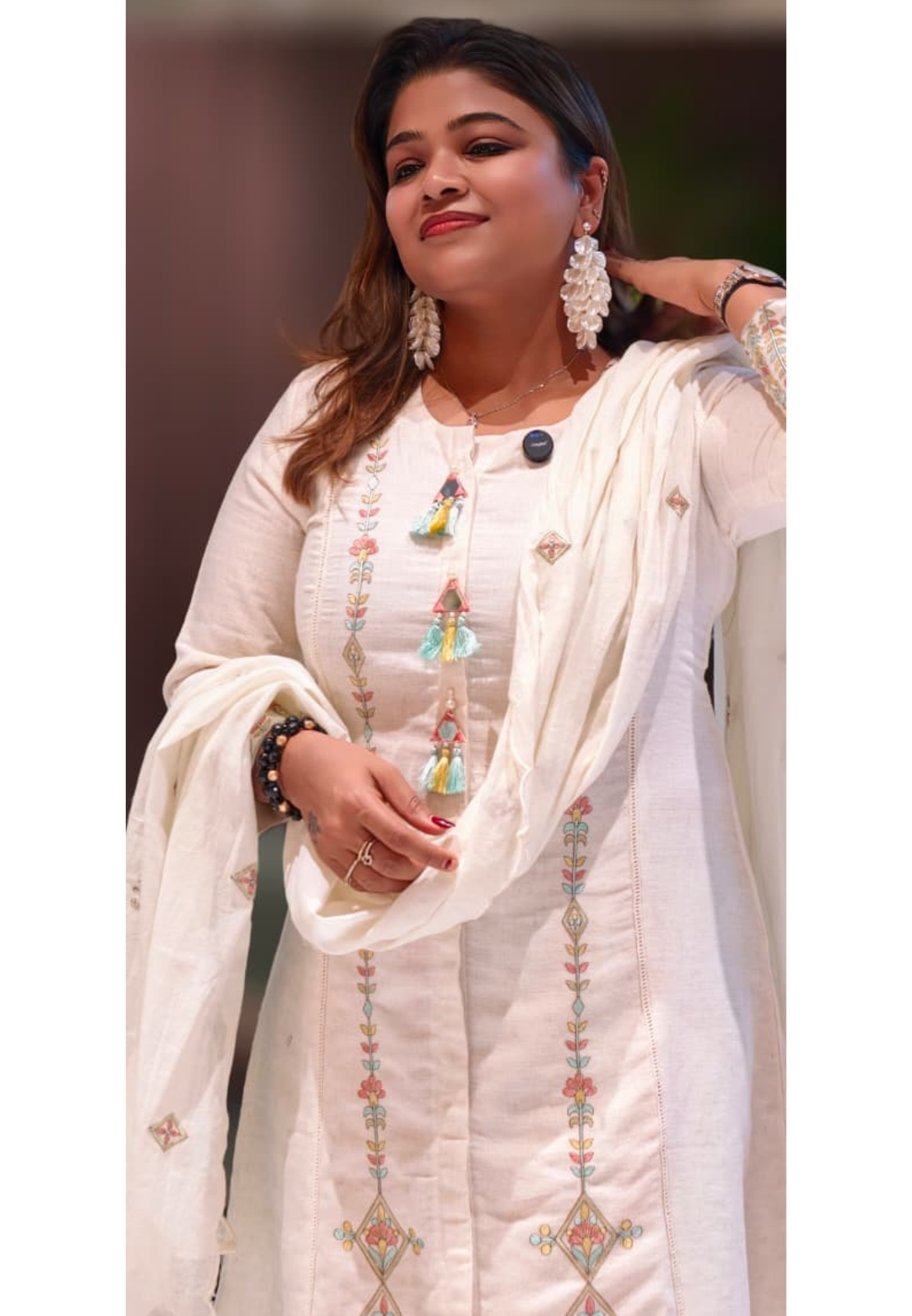 Pastel Contrasted Stripe Real Mirror Tasseled A-Line Full Suit Set With Dupatta In Linen Fabric-13234