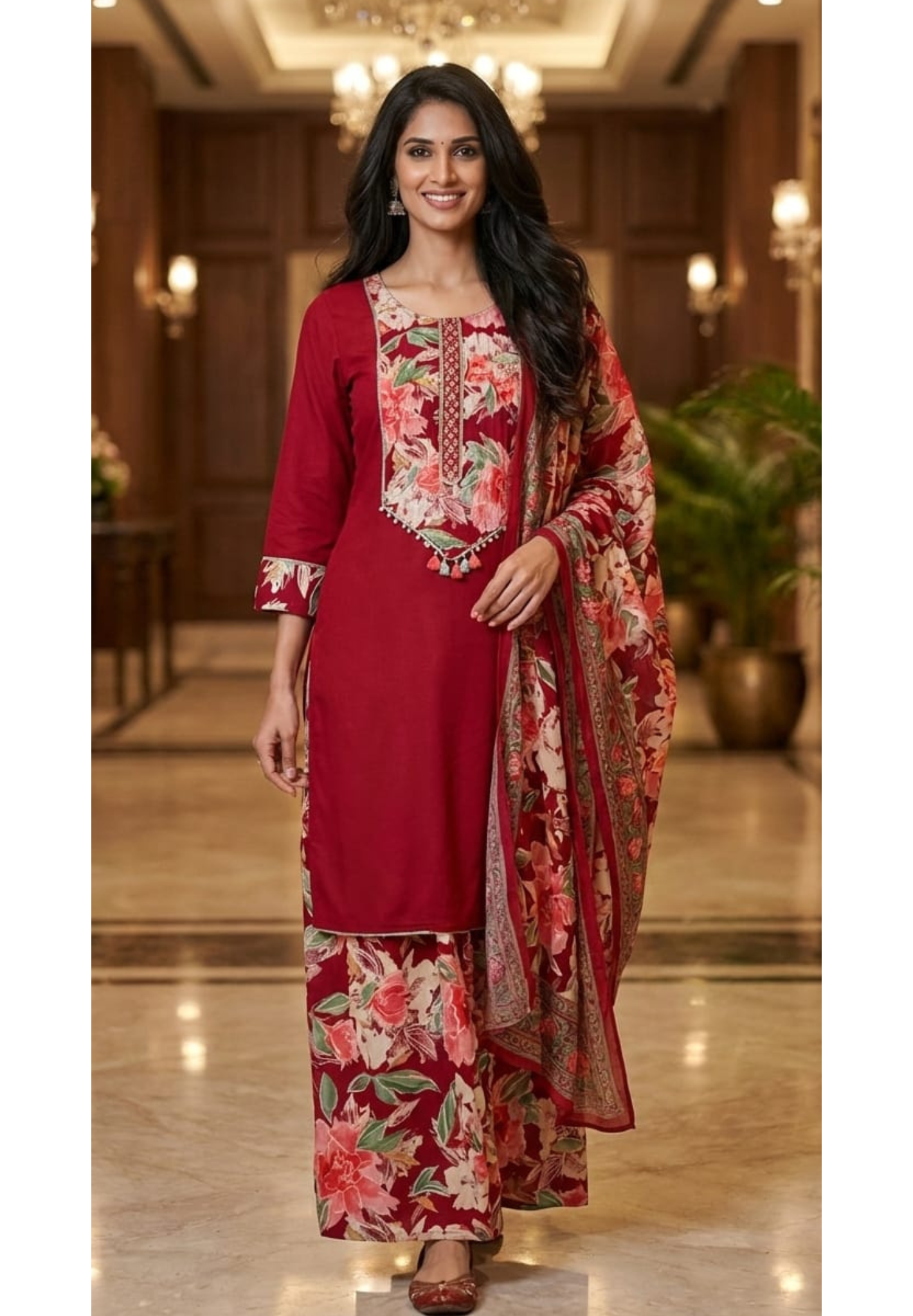 Cotton Floral Printed In Yoke Solid Sides Full Suit Set With Printed Bottom & Dupatta-13243