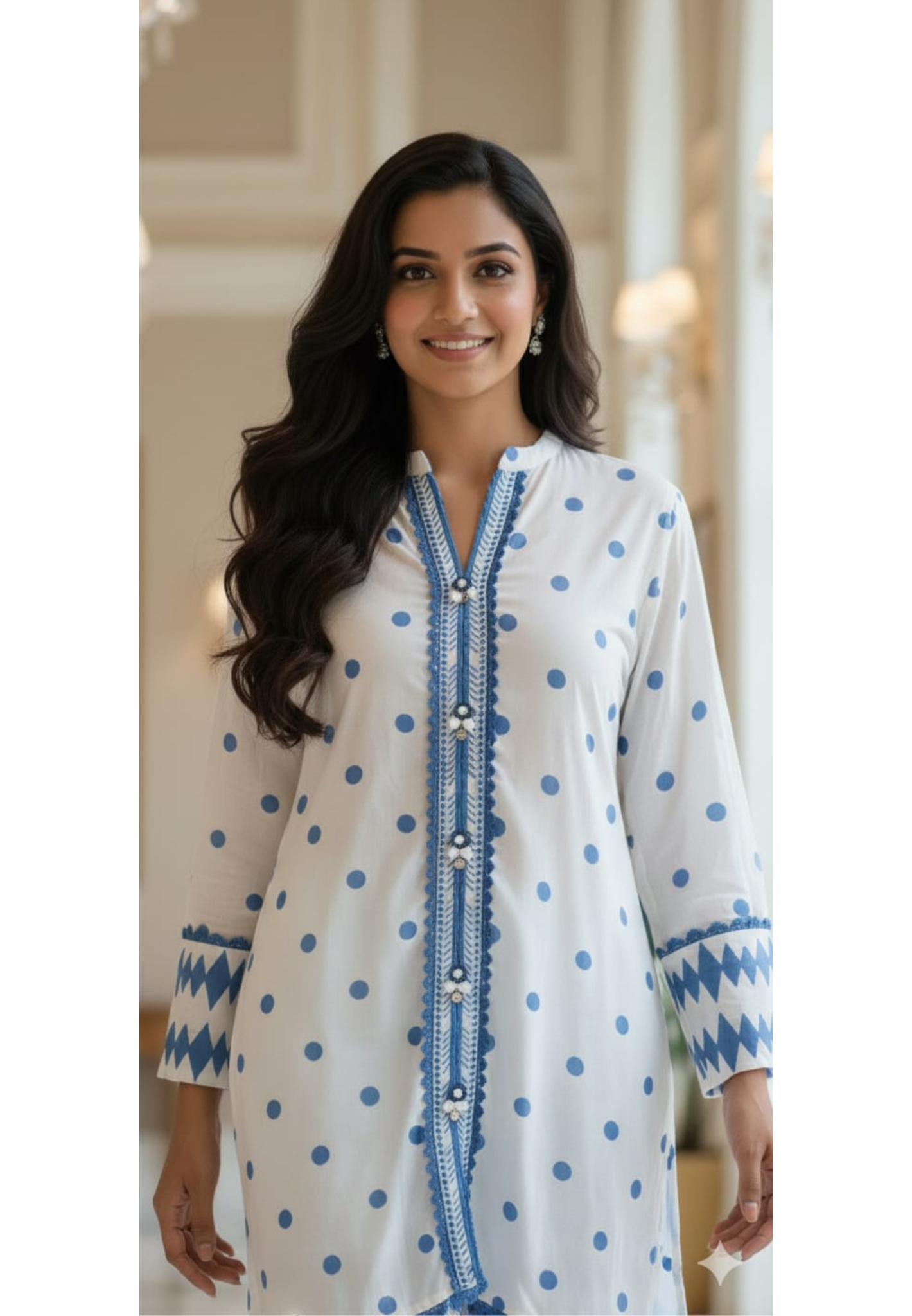 Polka Dotted Crosia Laced Printed Cotton Co-Ord Set- 13242