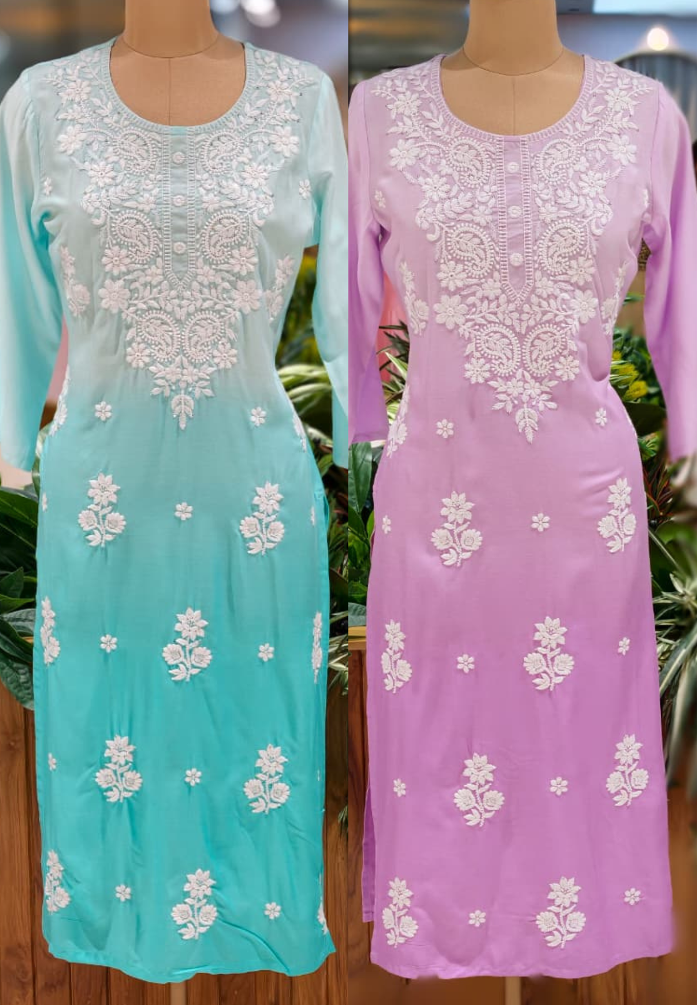 Dual Tone Pure Chikankari Work Cotton Kurti Only- 13271